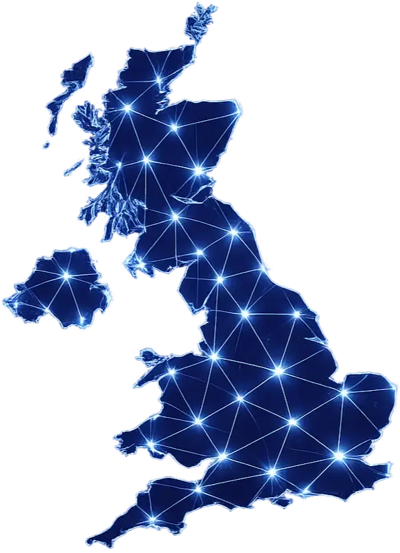 Digital map of the United Kingdom with interconnected glowing points representing network connections.