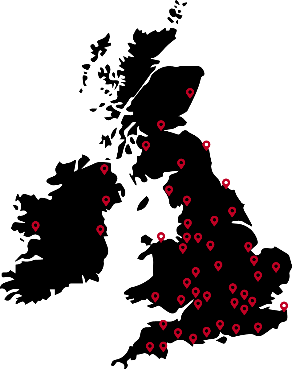 A map of the United Kingdom displaying various locations marked with red pins shows the multiple companies that use C02 Laser technology, for which Focused Laser Systems provides their services.