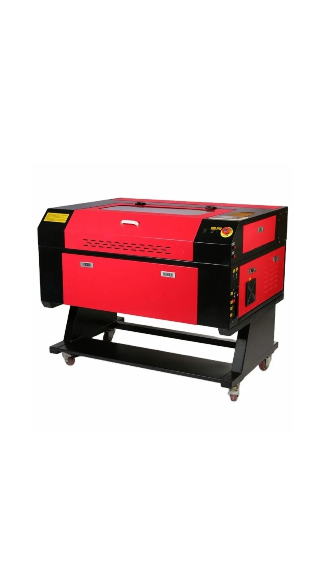 Red and black laser engraving machine on a rolling stand.