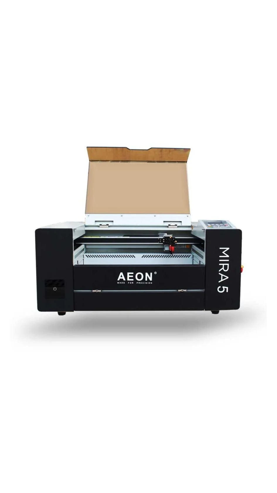 A black laser cutter machine labeled AEON MIRA 5 with an open top and a beige cutting surface, designed for precision cutting and engraving.