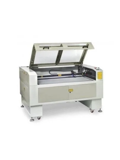 Laser cutting machine with a transparent cover and control panel.