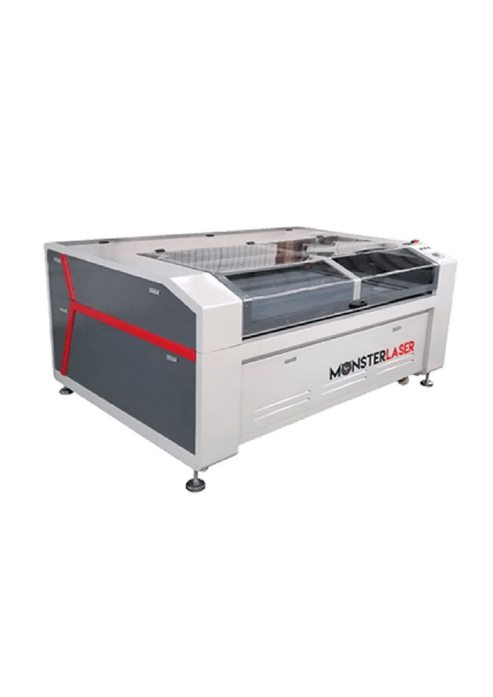 Laser cutting machine labeled 'MonsterLaser' with a metallic body, transparent cover, and red and black accents.