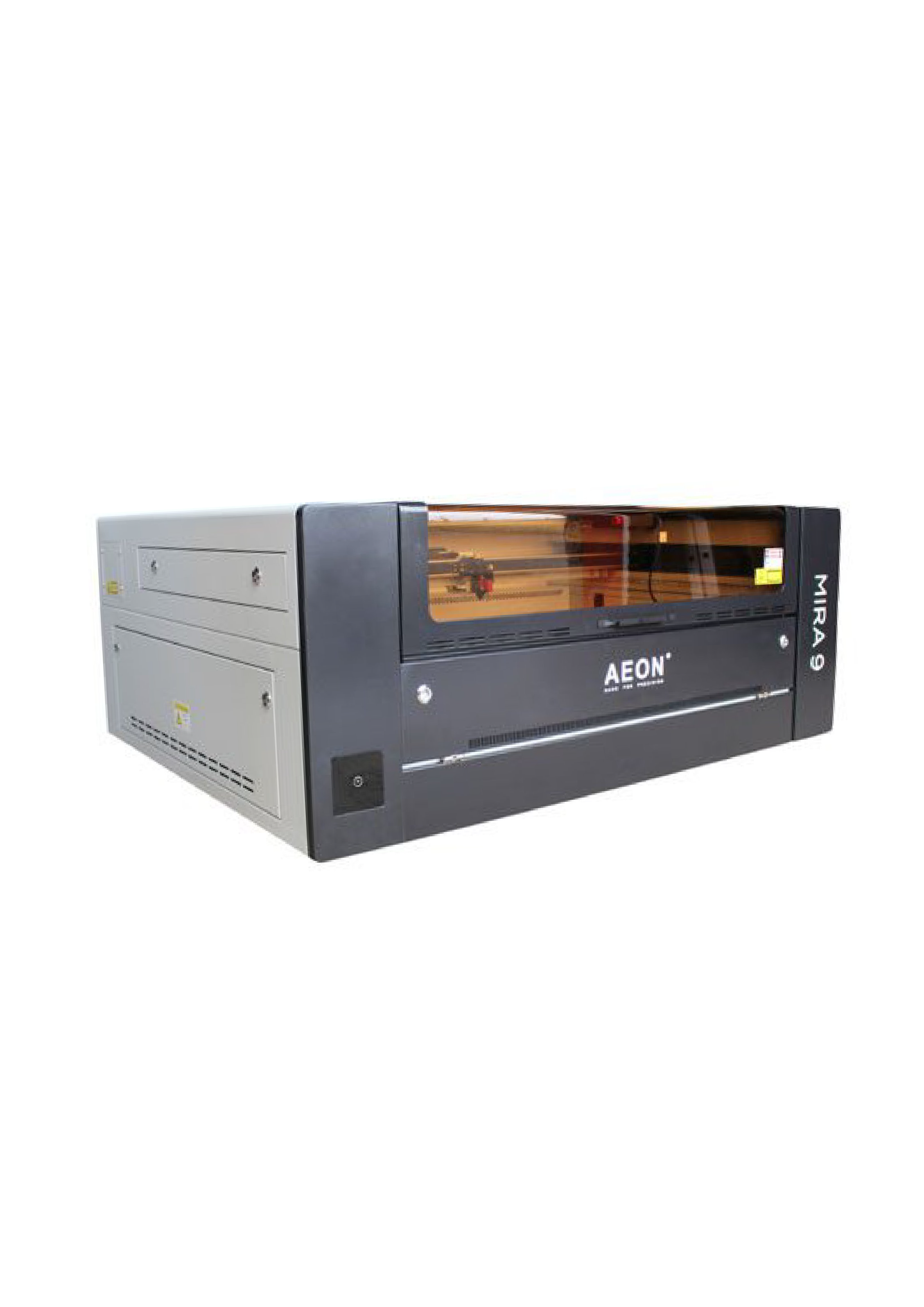 A black and grey Co2 laser with the brand name AEON MIRA 9 on the front, featuring a transparent clear cover on top.