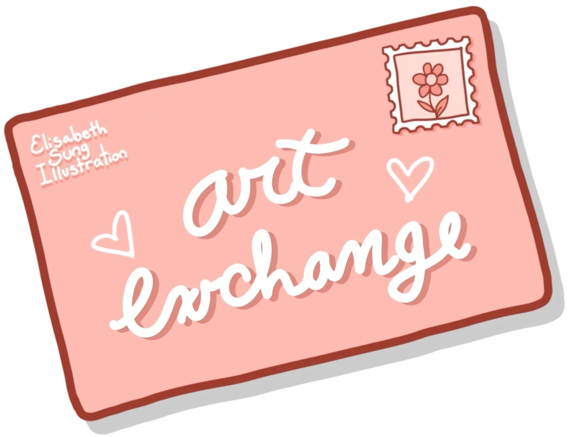 A pink envelope with handwritten text that reads 'art exchange' and small hearts, a stamp with a flower, and the artist's name 'Elisabeth Sung Illustration' in the top left corner.