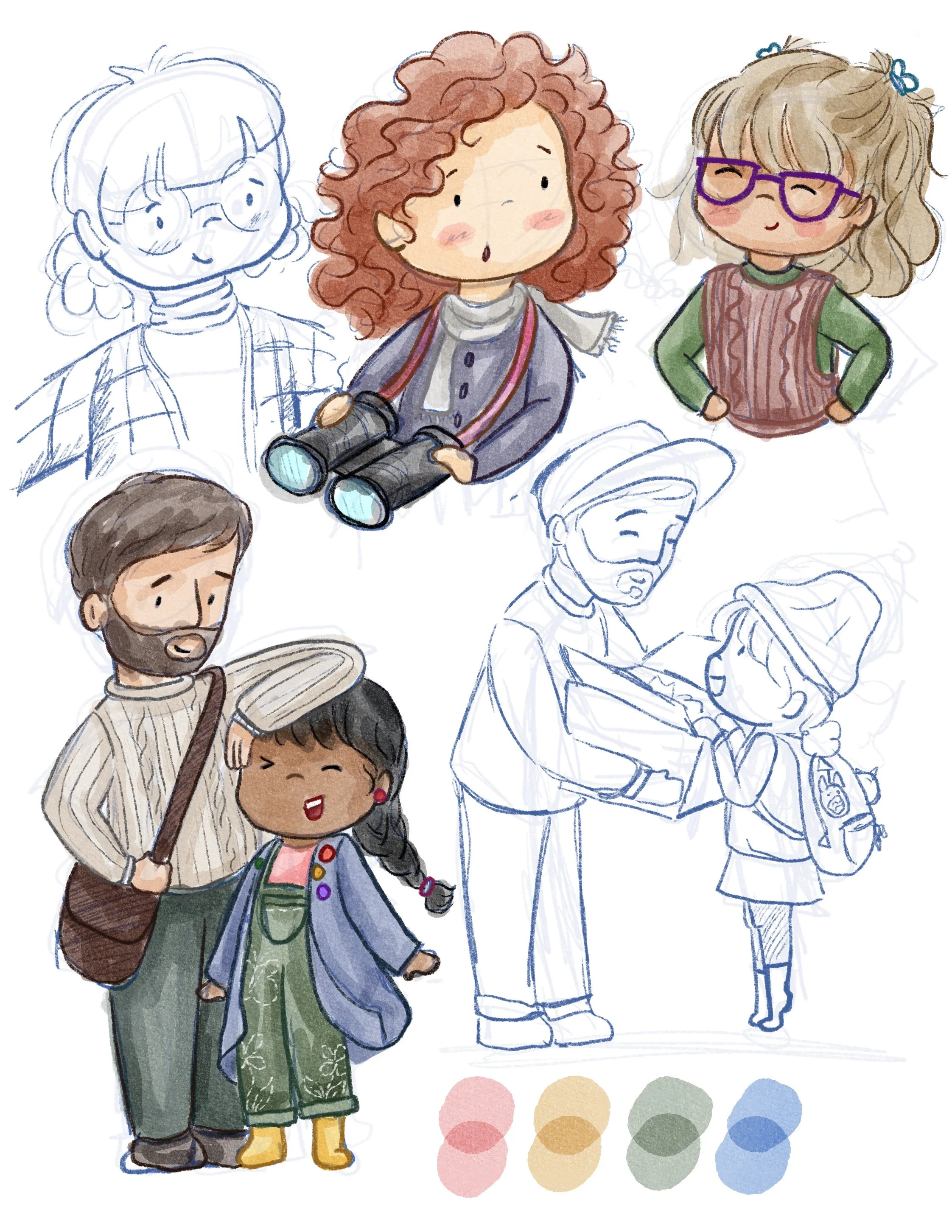 Sketches of children and adults, with some colored and some in outline, including a girl with glasses and a girl with binoculars, a boy with a beard and a girl with a hat, and a man showing a girl something. Color palette at bottom.