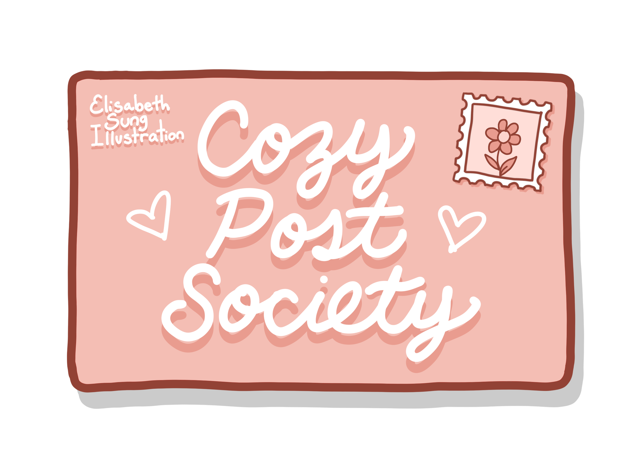 Pink postcard with white handwritten text reading "Cozy Post Society" and small doodles of hearts, a postage stamp with a flower, and the name "Elisabeth Sung Illustration" in the top left corner.