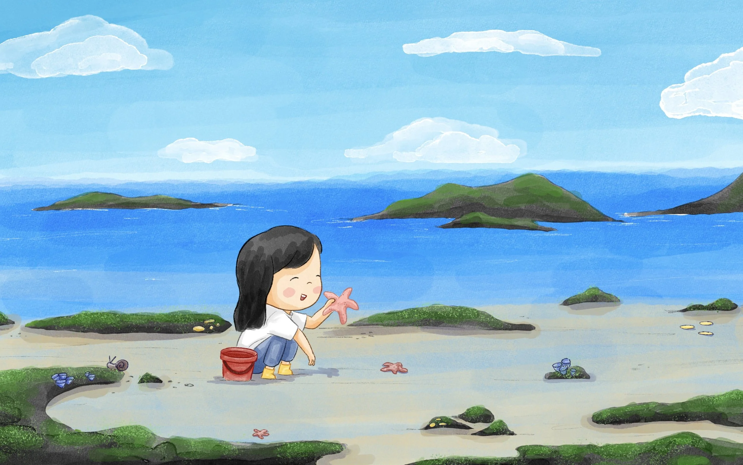 A young girl with long black hair, wearing yellow rain boots, sitting on a beach holding a starfish, with a red bucket nearby. The beach has rocks, small sea creatures, and the ocean with distant islands under a blue sky with clouds.