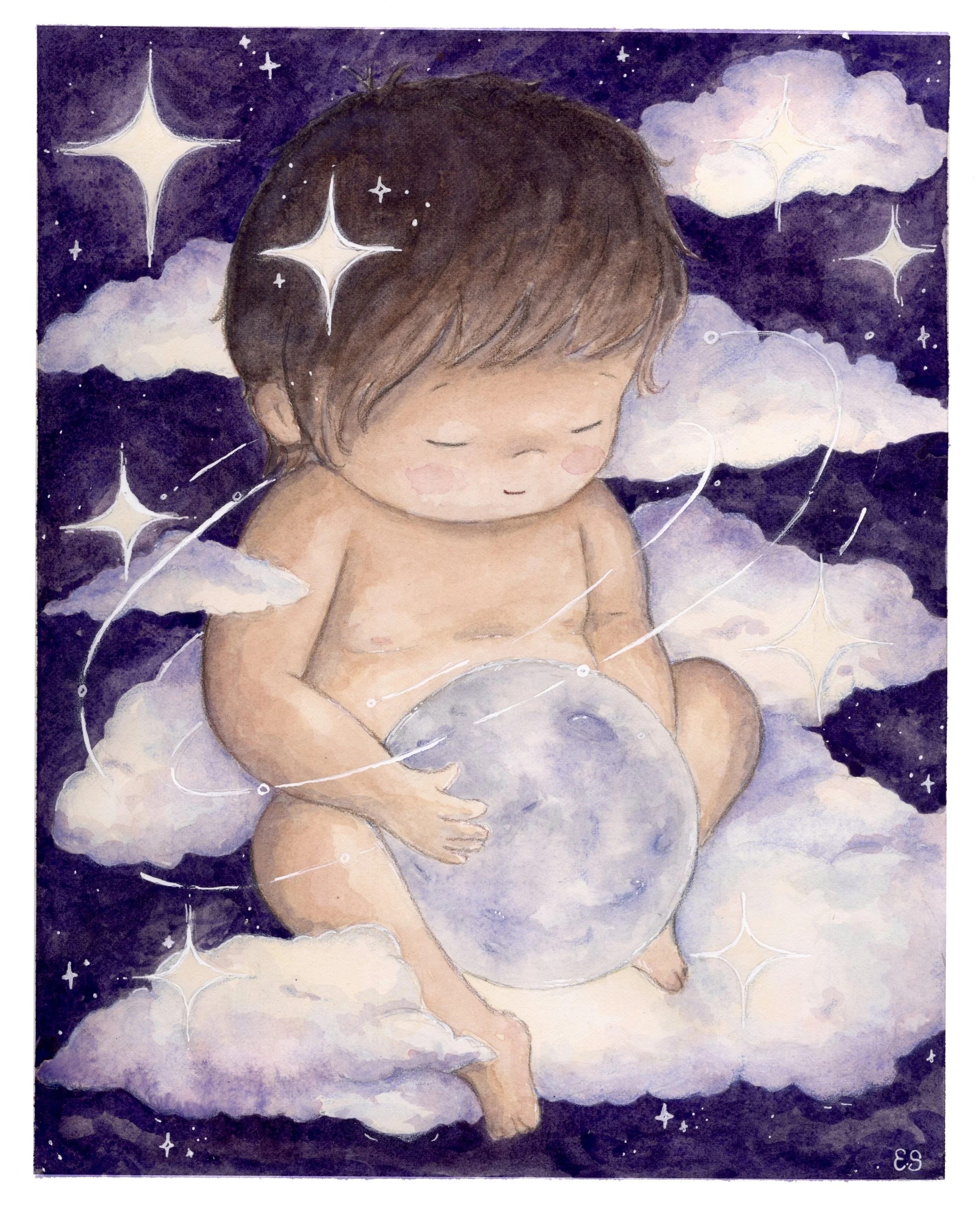 A watercolor illustration of a young child sitting on clouds at night, holding a large moon, surrounded by stars and clouds.