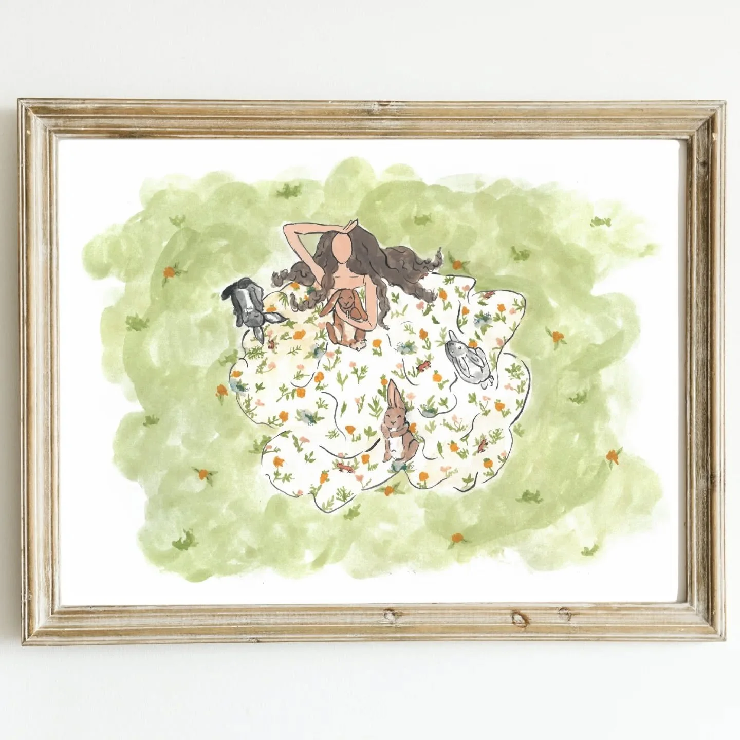 Happy Easter! Wren is delighted to spend the sweet spring sunshine with her favourite bunnies, snuggled into her floral dress as if those flowers had really grown from the soft green grass on which she lies. How better to possibly spend an April morn