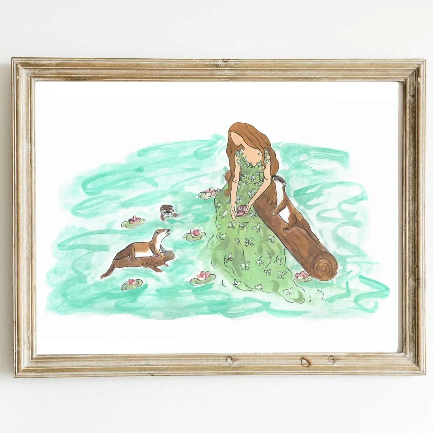 Meet Ottilie, she just wants to be surrounded by her otter friends. Perched on a log in her @teutamatoshi inspired green butterfly gown, a curious otter climbs aboard to say hello while his friends play among the water lilies 🪷🦦🌿 #otterlove #otter