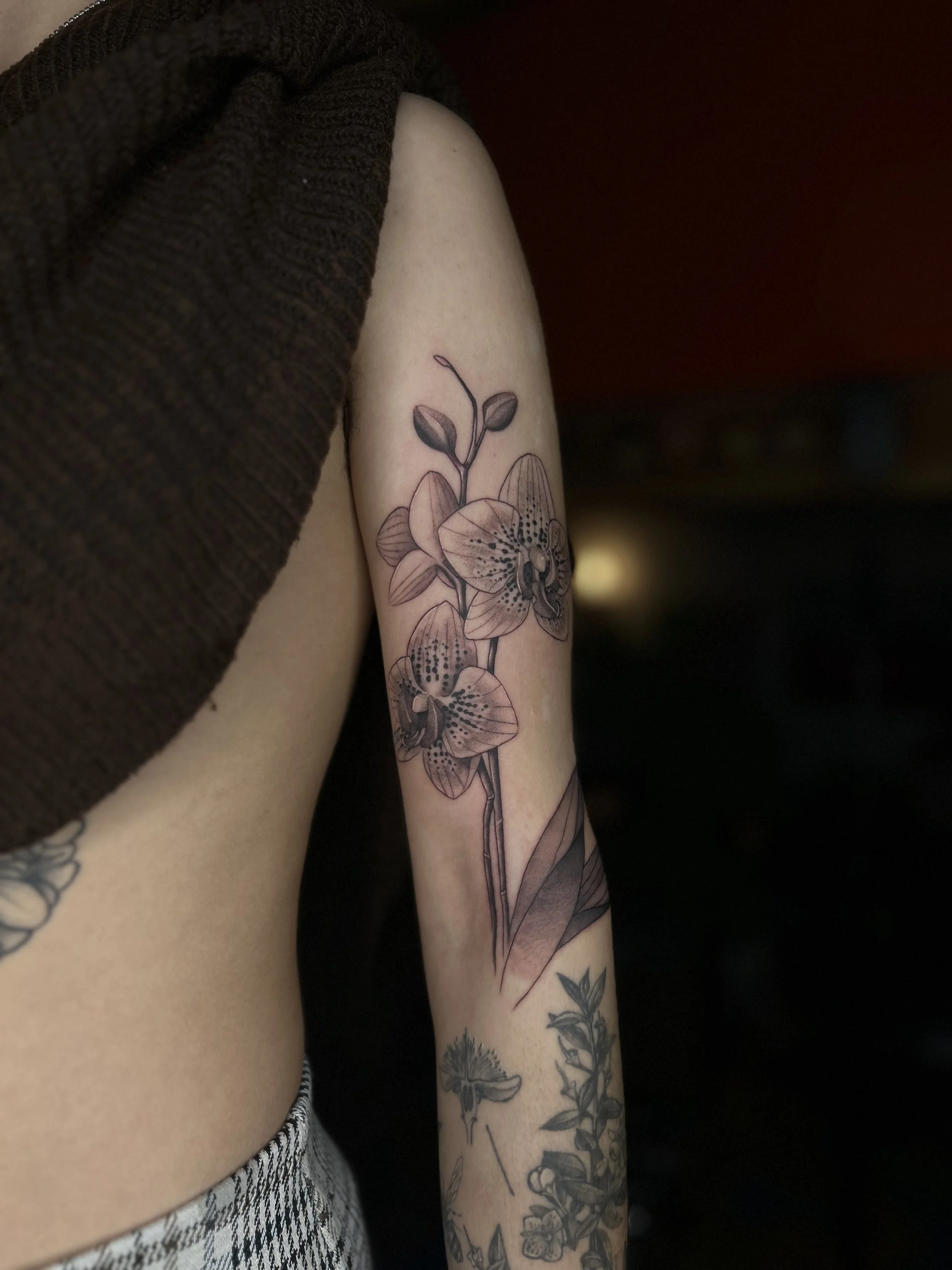 Tatouage d'orchidée sur le bras d'une personne, avec d'autres tatouages de fleurs en dessous.