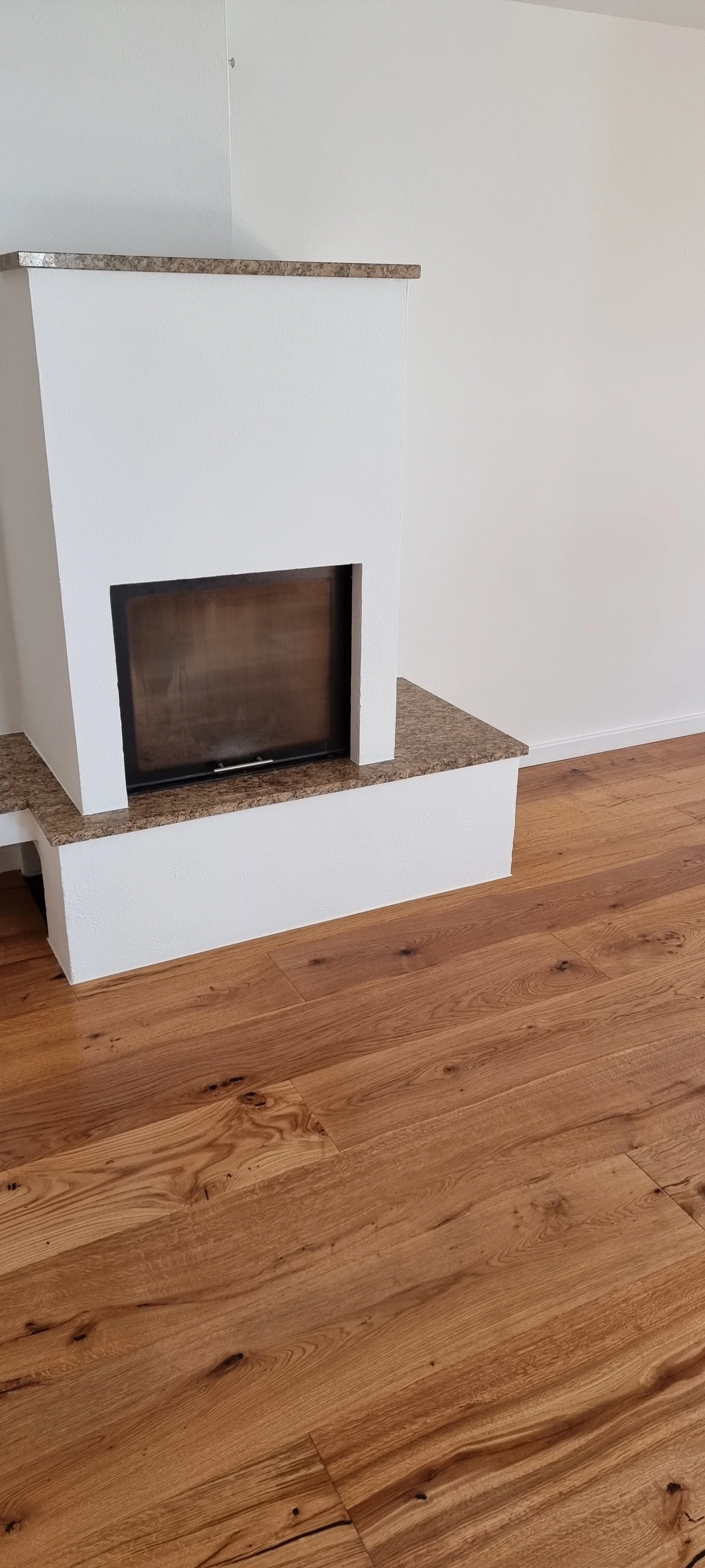 Ein Kamin mit einer Glasfront, umgeben von weißen Wänden und einem Holzboden.