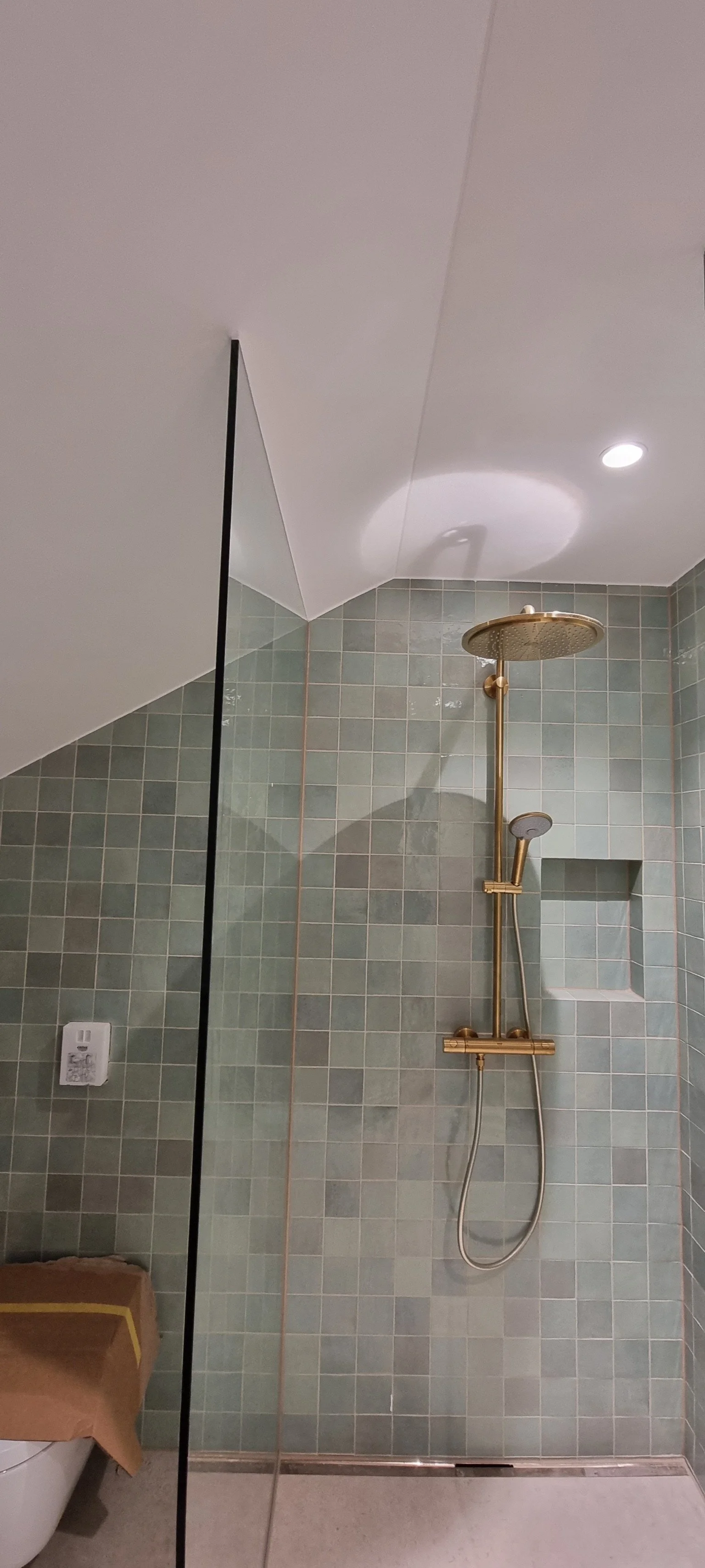 Dusche mit goldener Duschstange und Regenschauerkopf, grüne Fliesen, eine Nische im Wand, Deckenleuchte, Teil eines Badezimmers sichtbar.