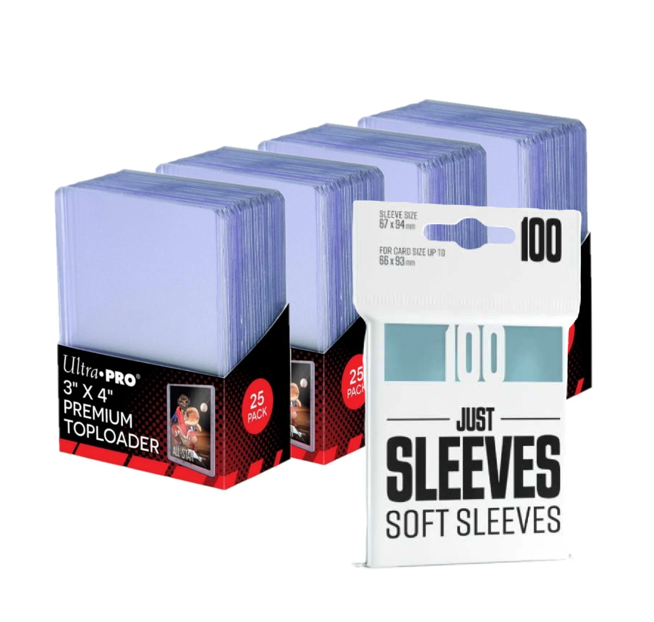 Ultra Pro 3" x 4" Super Clear Premium Toploader x 4 (100) & Just Sleeves: Soft Sleeves (100) Combo