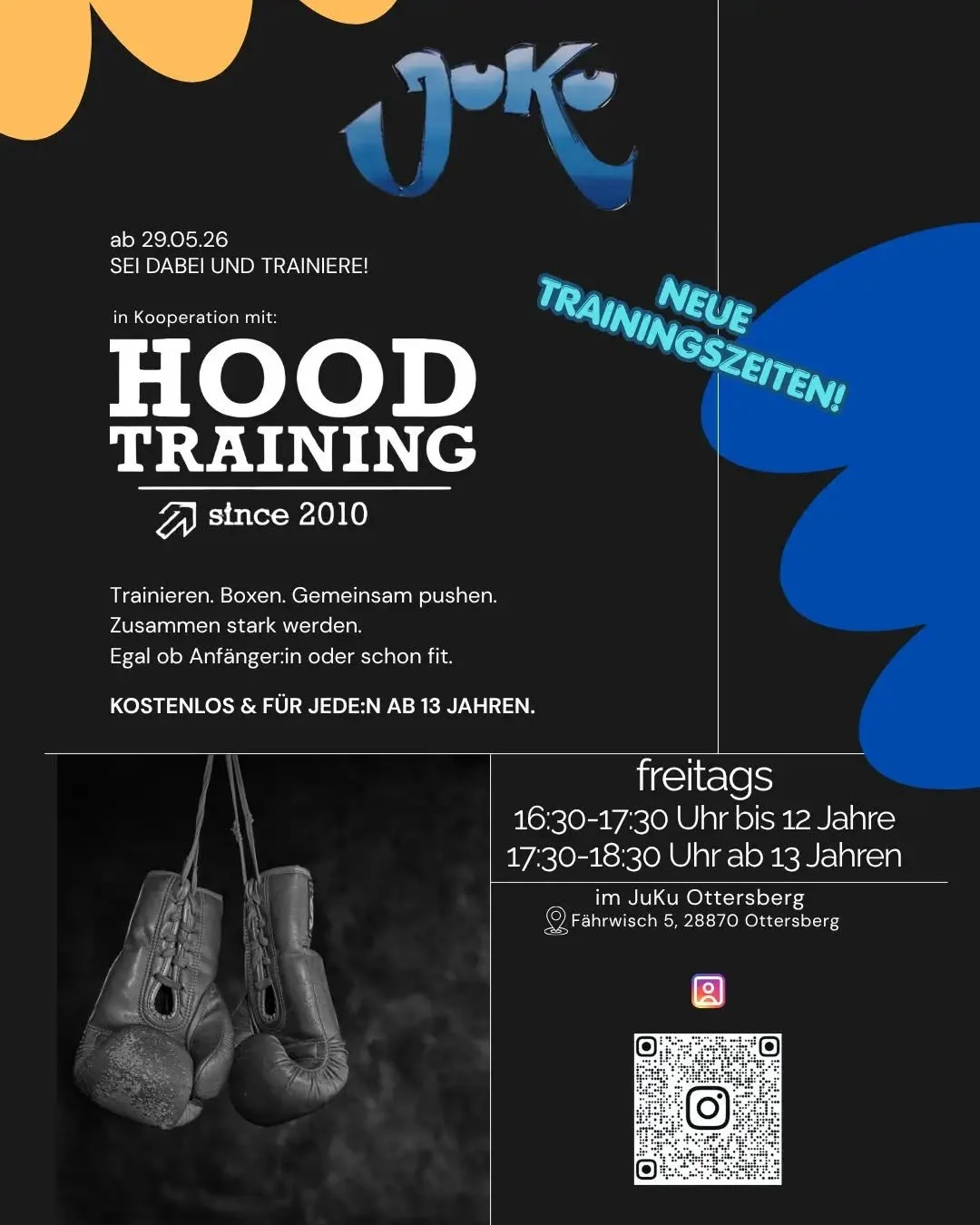 NEUE TRAININGSZEITEN!
Ab sofort beginnt das @hoodtraining am Freitag f&uuml;r alle bis 12 Jahren schon ab 16:30 Uhr. Ab 17:30 Uhr sind dann alle ab 13 Jahren willkommen! 
Trainieren. Boxen. Gemeinsam Pushen.