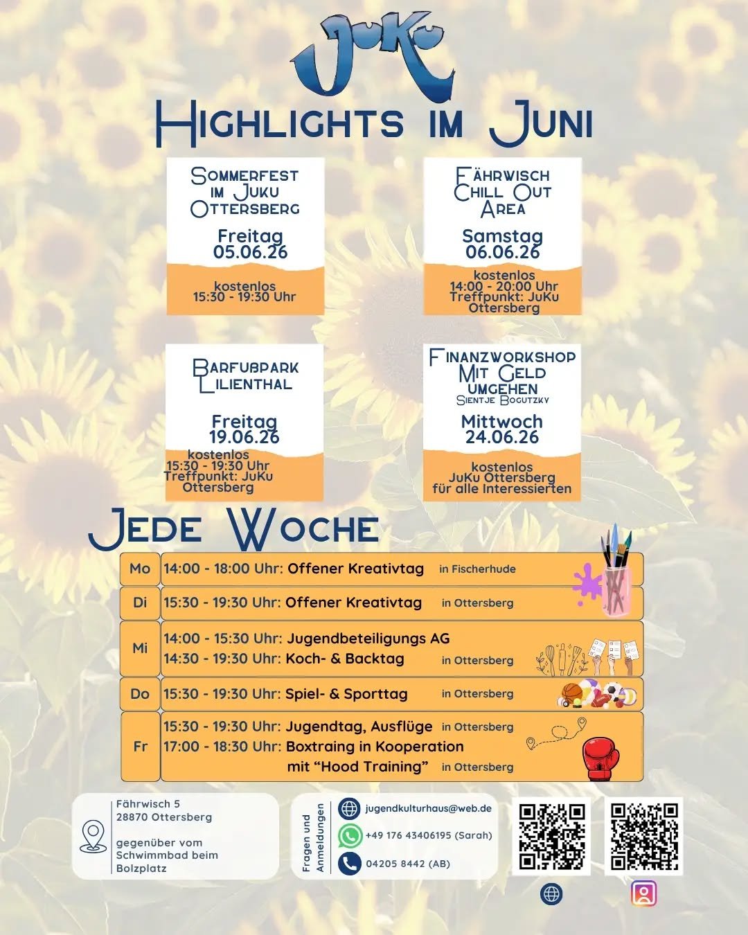 🌻 Highlights im Juni im JuKu Ottersberg 🌻

Unsere Schlie&szlig;zeit ist vorbei &ndash; das JuKu hat wieder ganz normal ge&ouml;ffnet und wir starten mit vielen Aktionen in den Juni! 🙌

✨ Das erwartet euch:

🎉 05.06. &ndash; Sommerfest im JuKu
😎 