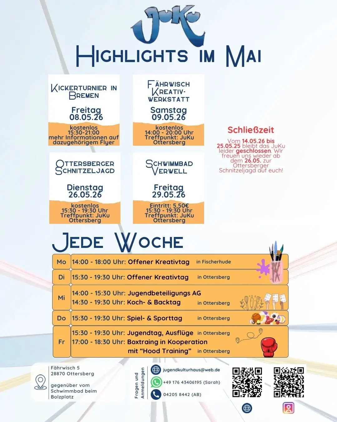 🌼 Highlights im Mai im JuKu Ottersberg 🌼 

Der Mai wird richtig gut, wir haben wieder coole Aktionen f&uuml;r euch vorbereitet! 👇 

🔥 08.05. &ndash; Kickertunier in Bremen mit anderen Jugendzentren
🎨 09.05. &ndash; Kreativwerkstatt &bdquo;F&auml
