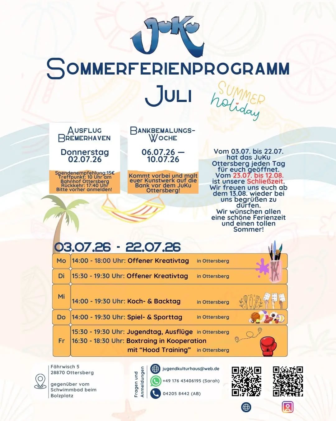 ☀️ SOMMERFERIEN IM JuKu! ☀️
Die Schule ist aus, der Sommer ist da und wir haben das perfekte Programm f&uuml;r euch am Start! 😎 Ob Action, Kreativit&auml;t oder einfach nur fettes Essen und Chillen mit Freunden: Vom 03.07. bis 22.07. hat das JuKu Ot