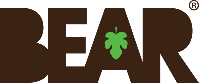 Bold brown text spelling BEAR with a green hop cone in place of the letter A, on a white background.