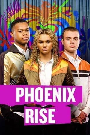 Three teenagers standing in front of a colorful graffiti wall with the words 'Phoenix Rise' in bold purple letters at the bottom.