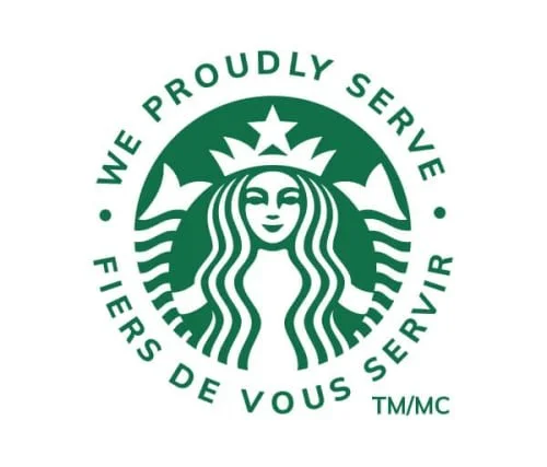 Starbucks logo with a smiling siren figure, surrounded by the text 'We Proudly Serve' and 'Fiers De Vous Servir'.