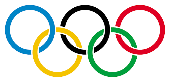 The Olympic rings, five interlinked rings in blue, yellow, black, green, and red.