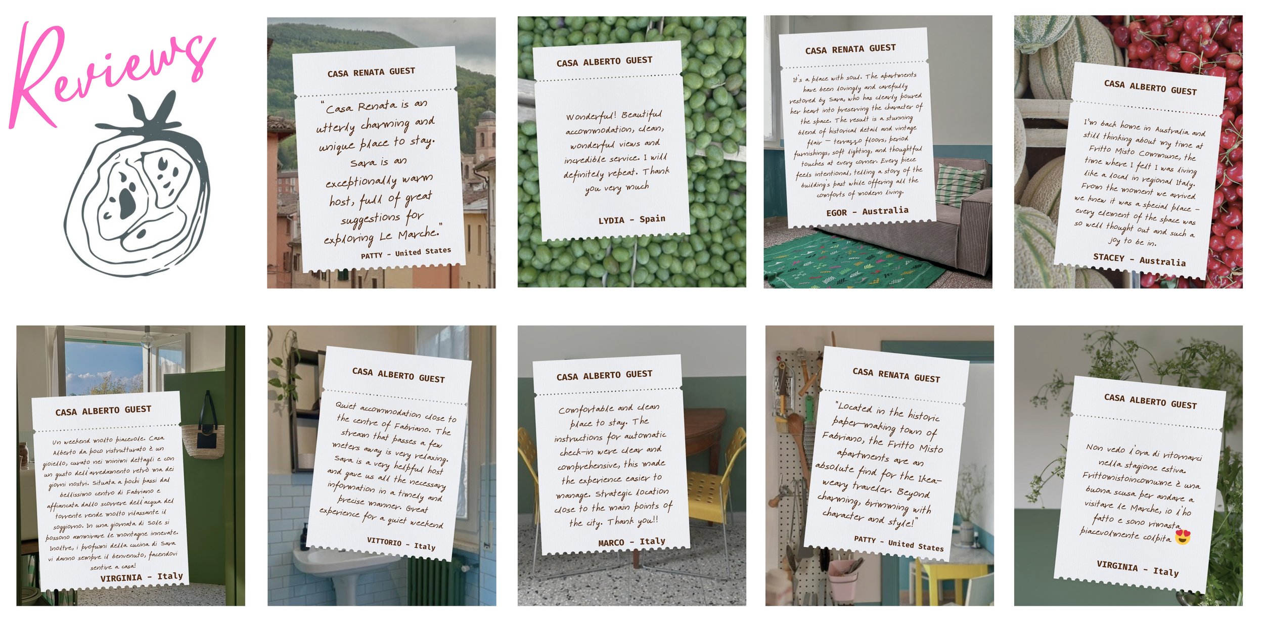 Collage of ten review cards for Casa Renata and Casa Alberto, including handwritten reviews in various languages, with backgrounds of greenery, fruits, and interior settings.