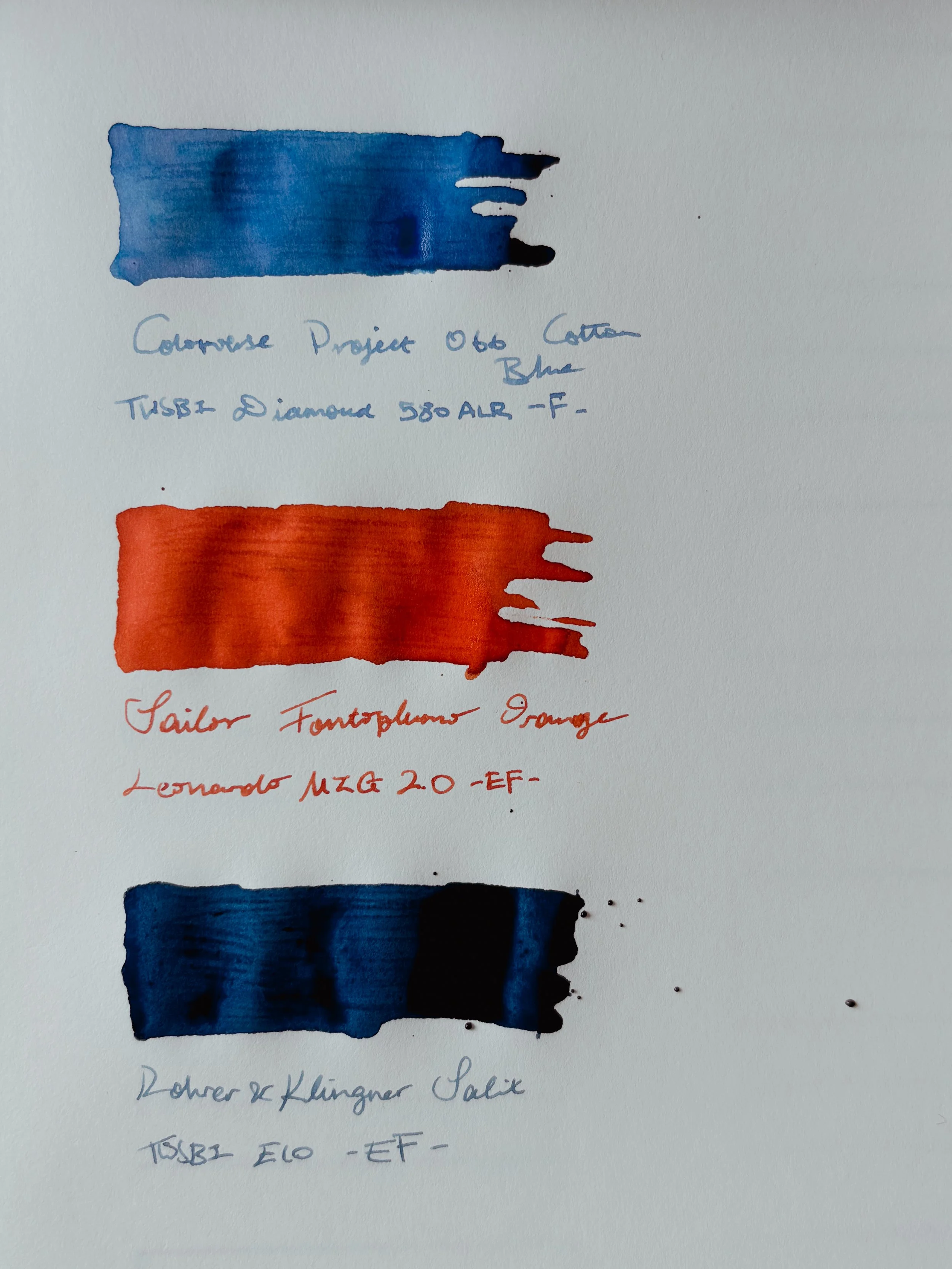 Three fountain pen ink swatches.
