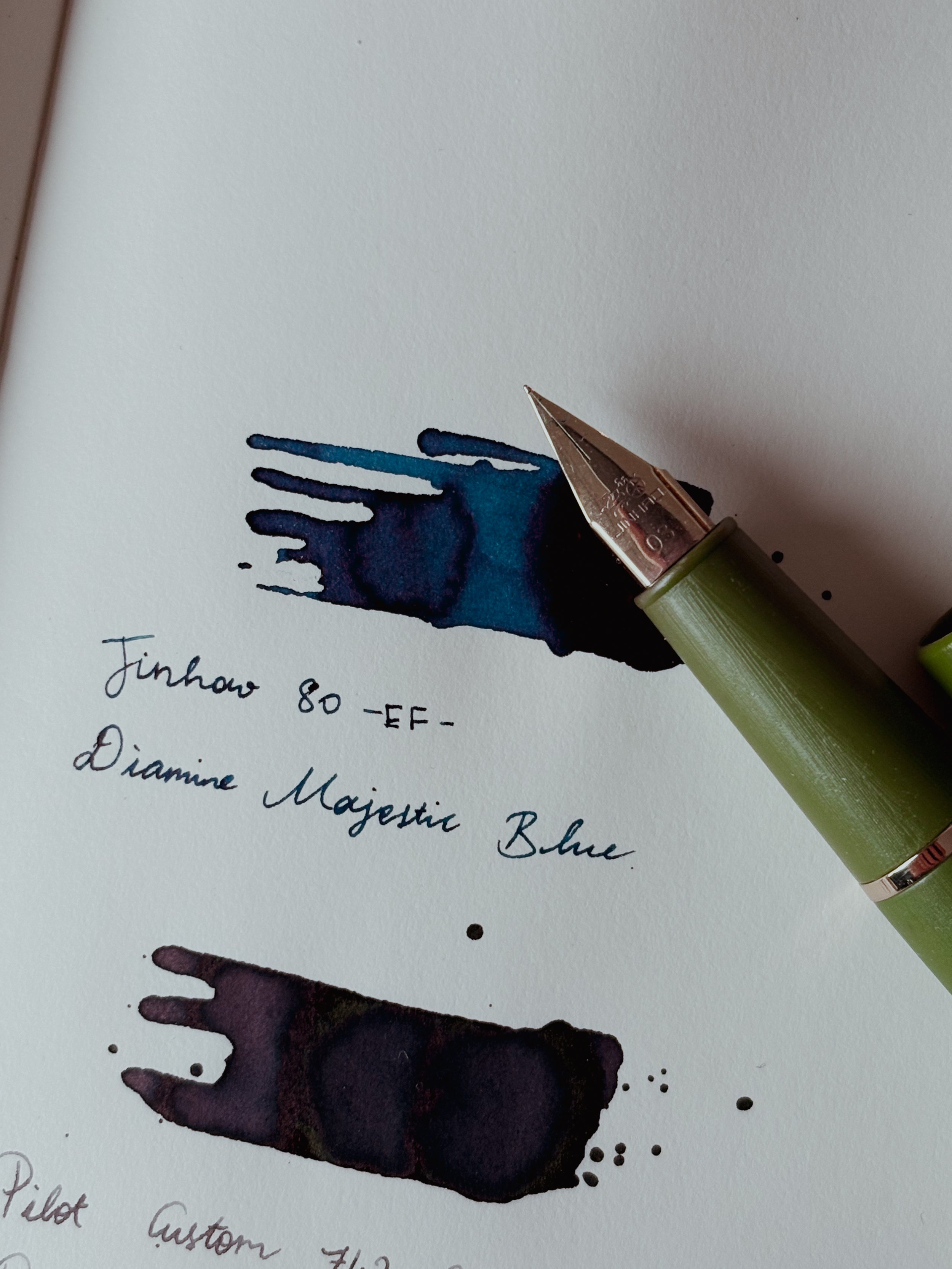 Jinhao 80 fountain pen inked with Diamine Majestic Blue fountain pen ink.