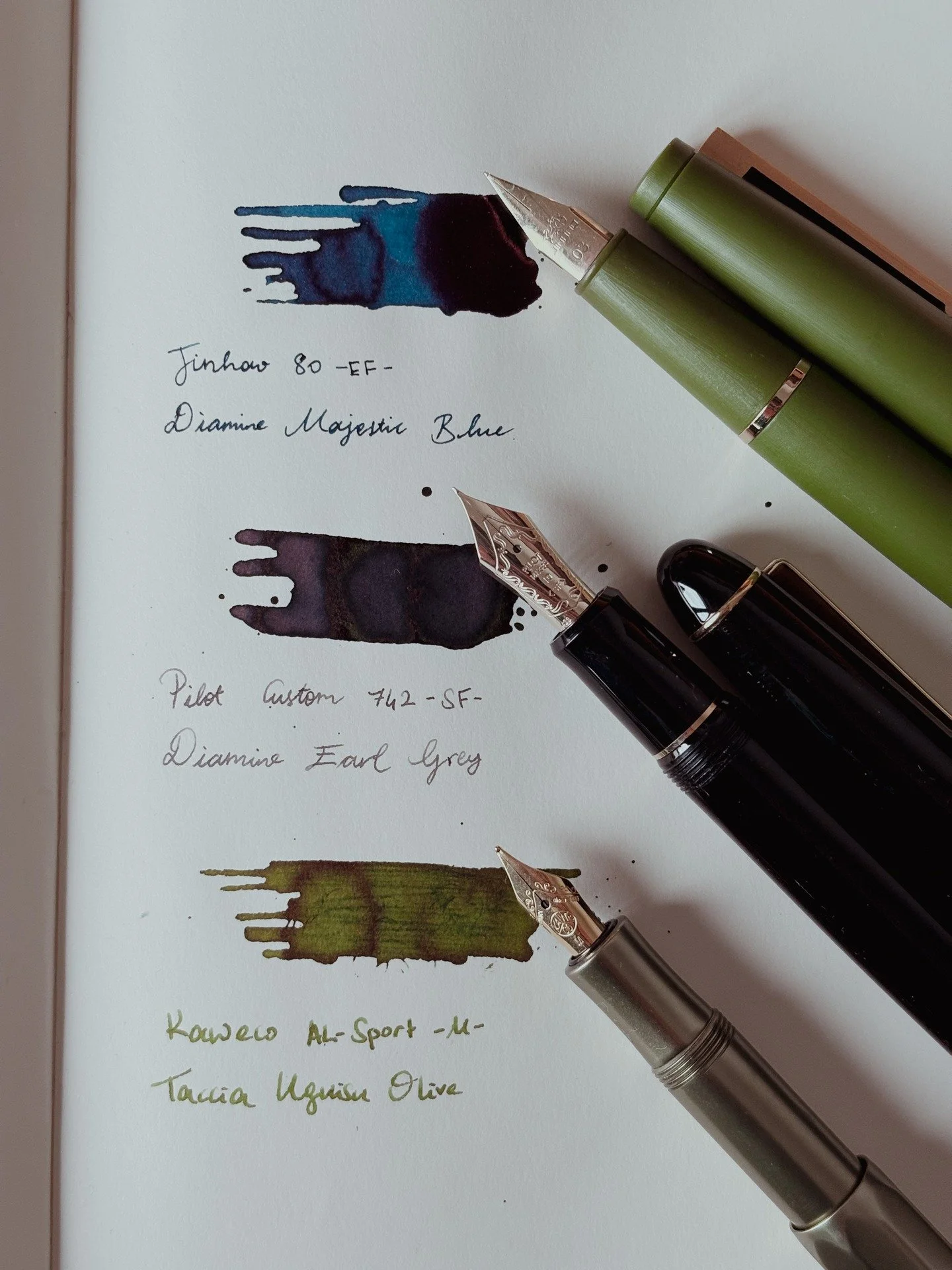 Last week's pens: week 8 of 2026

Last week turned out to be the week of green pens and cool-toned inks. This made it quite pleasant to use the pens as a part of a palette as well, not only as individual pens. 

🖋️ Jinhao 80 -EF- with 🦑 Diamine Maj