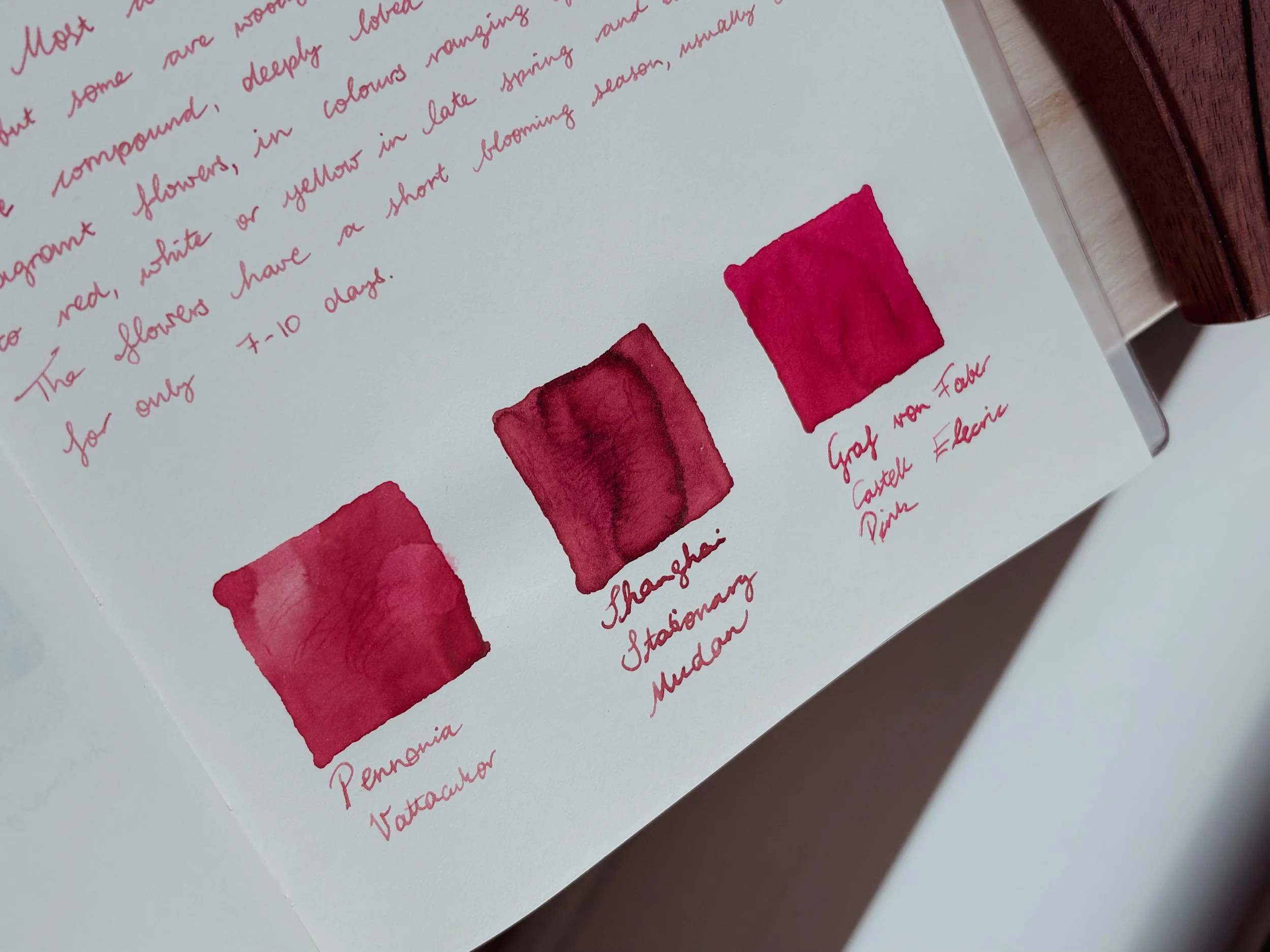 Comparison of three pink fountain pen inks.