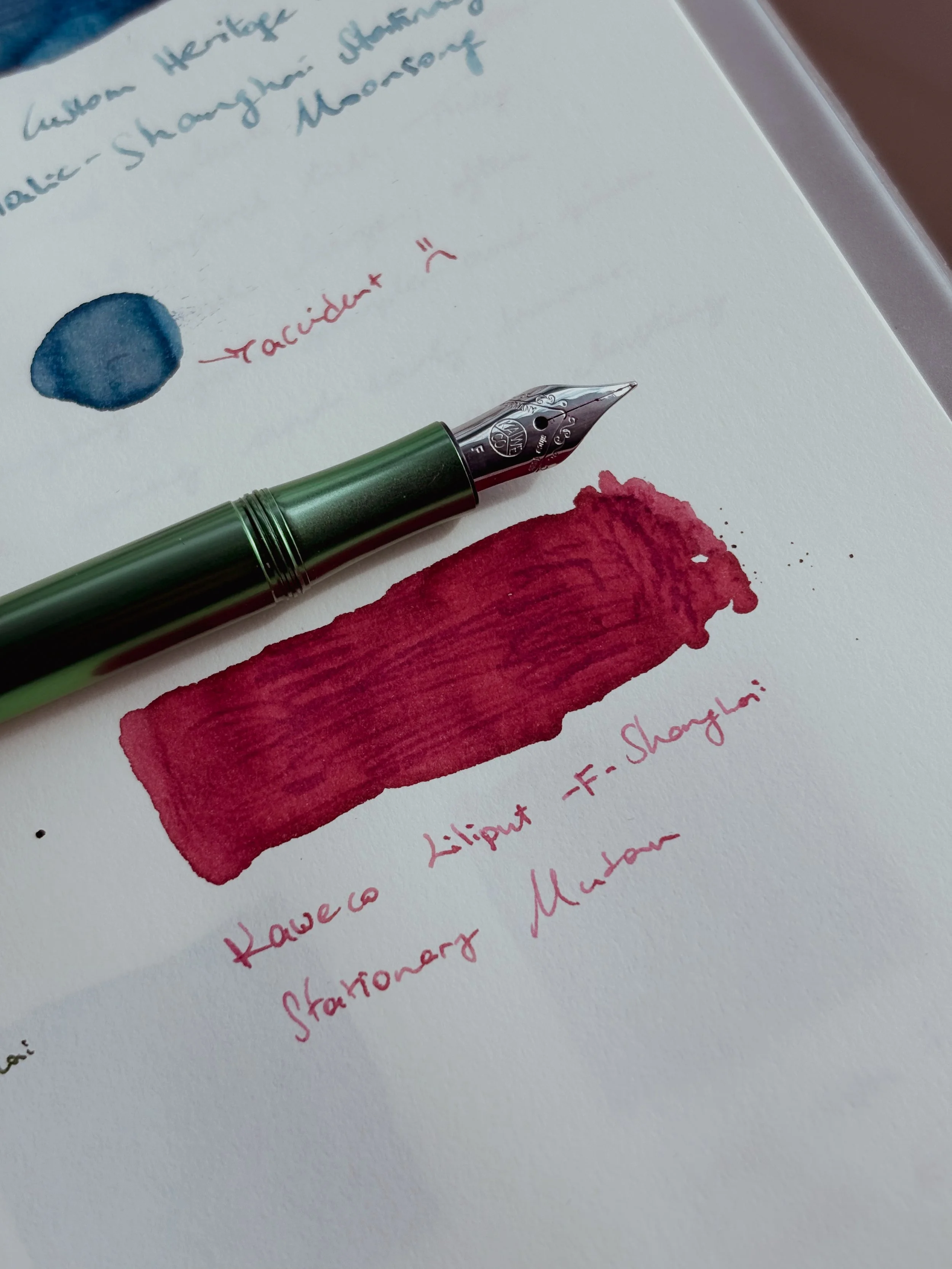 Kaweco Liliput Green fountain pen inked with Shanghai Stationery Mudan fountain pen ink.
