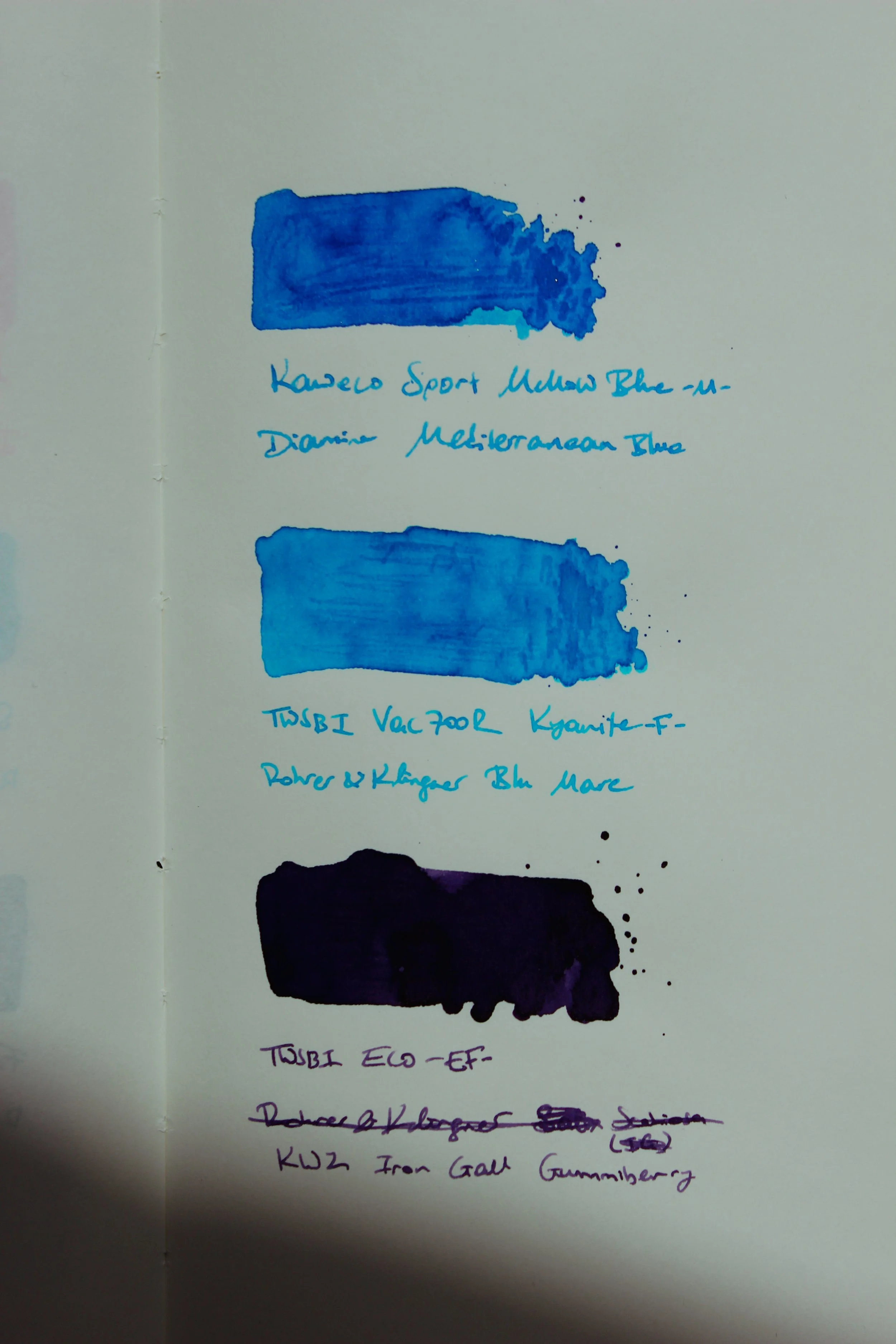 Three fountain pen ink swatches.