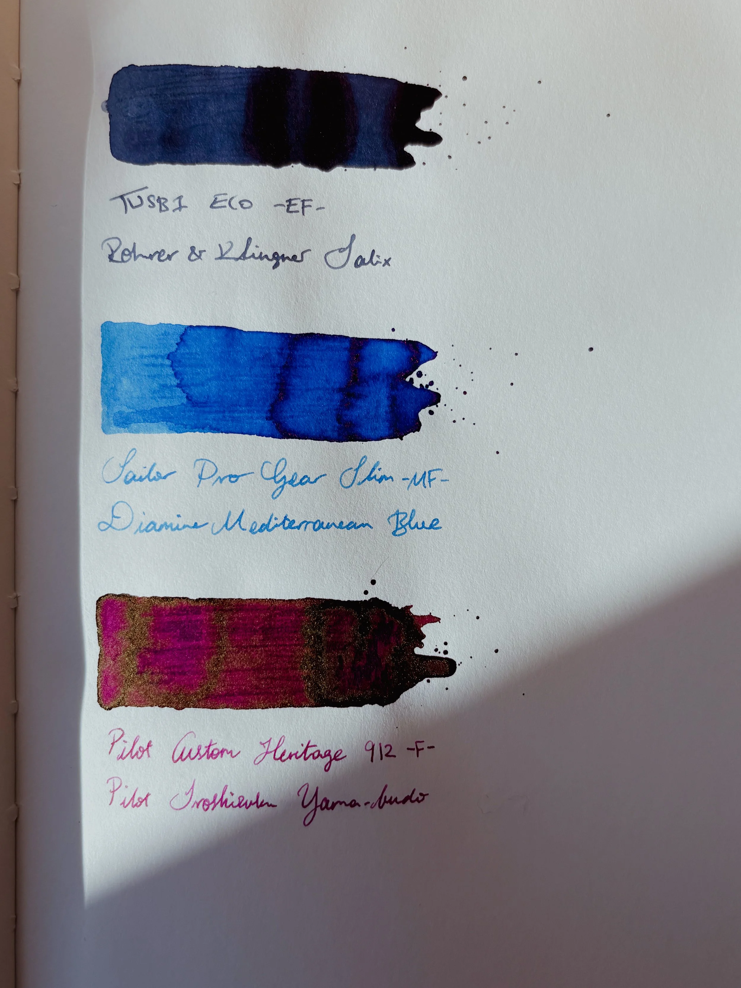 Three fountain pen ink swatches.