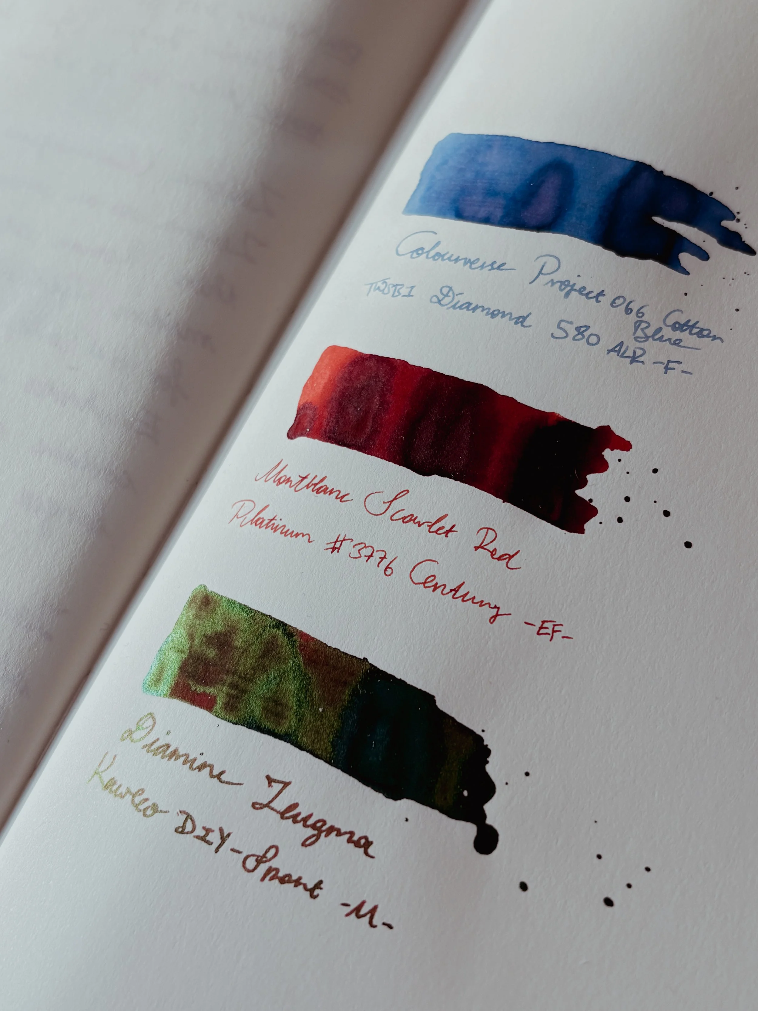 Three fountain pen ink swatches.