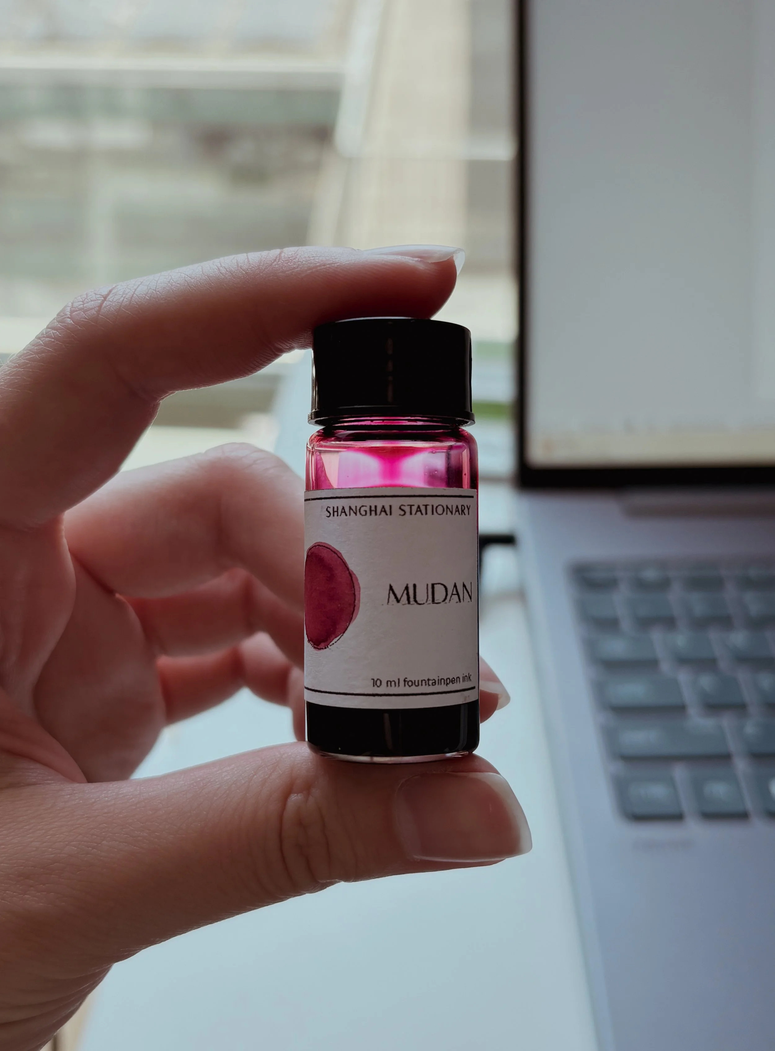 Small bottle of Shanghai Stationary Mudan fountain pen ink.