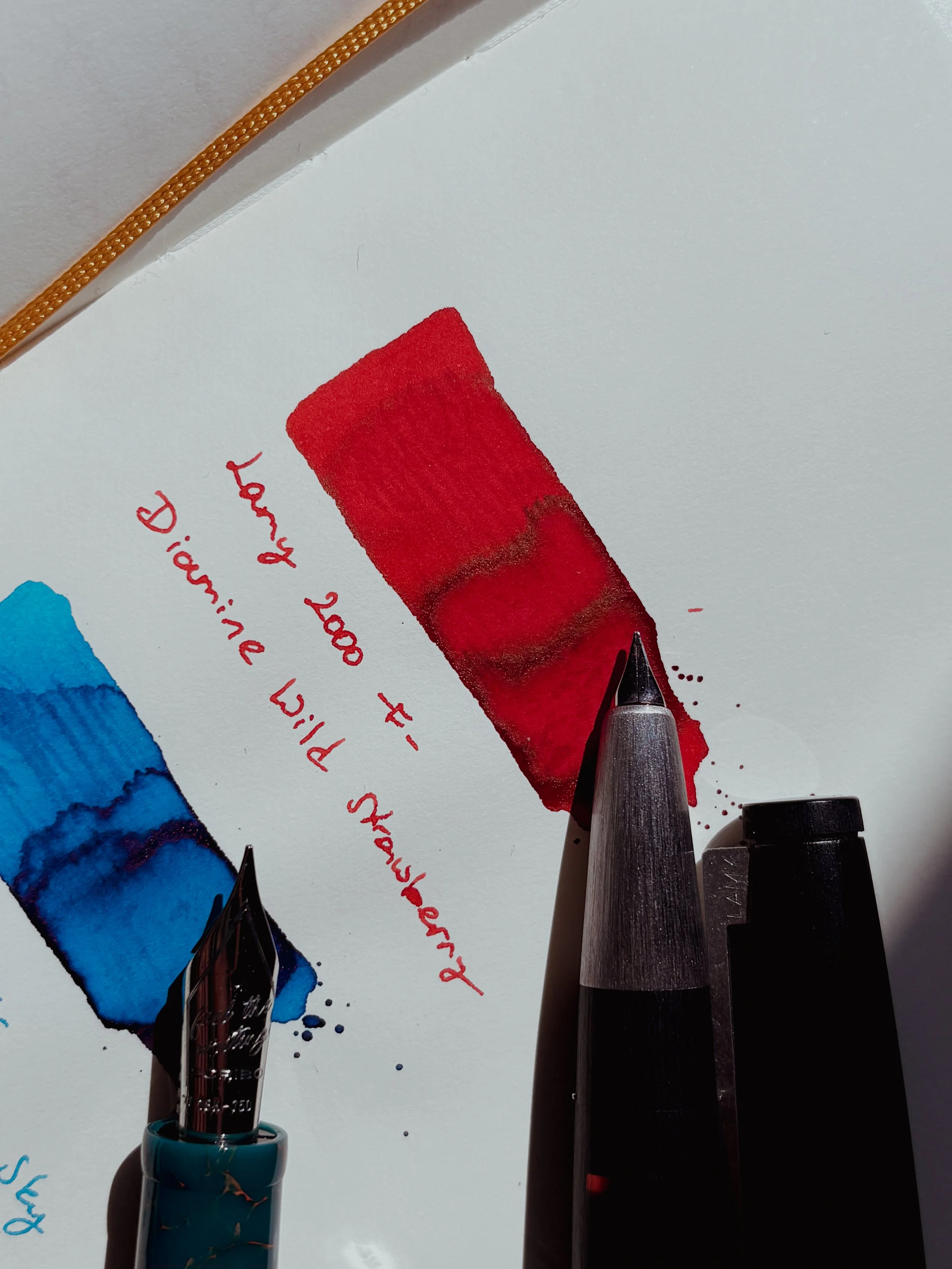 Lamy 2000 fountain pen filled with Diamine Wild Strawberry fountain pen ink.