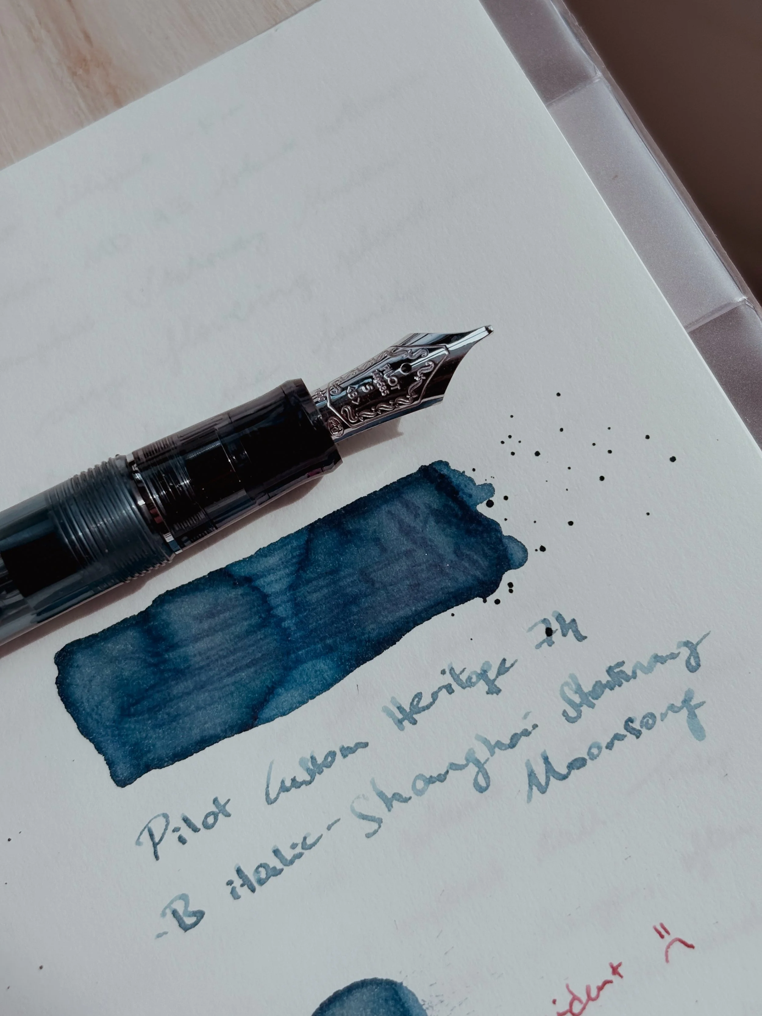 Pilot Custom Heritage 74 Blue Stone fountain pen inked with Shanghai Stationary Moonsong fountain pen ink.