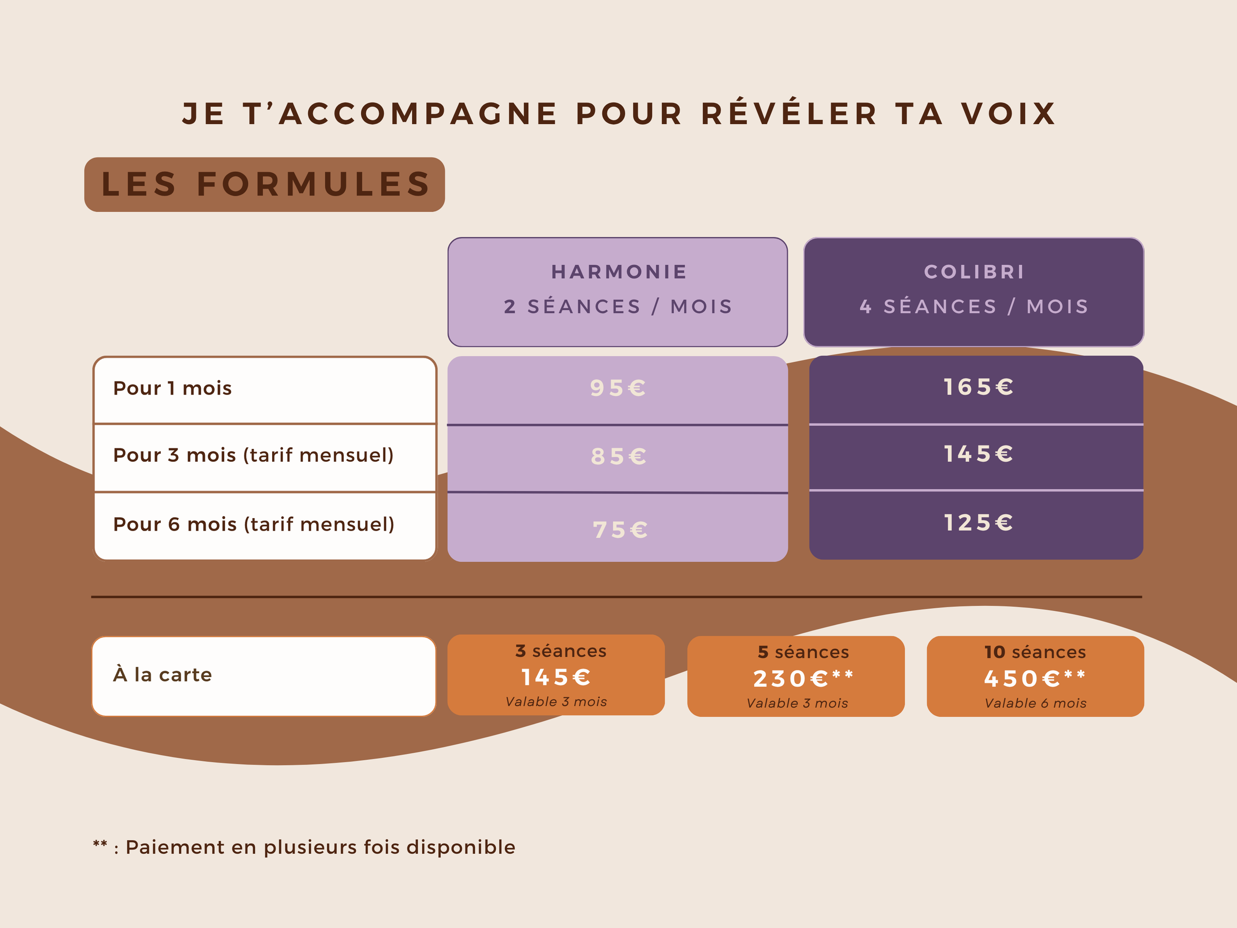 Tableau de prix pour des cours de voix, avec différentes formules et options de paiement, incluant à la carte, 3, 5 ou 10 séances, avec leurs prix respectifs en euros et durées.