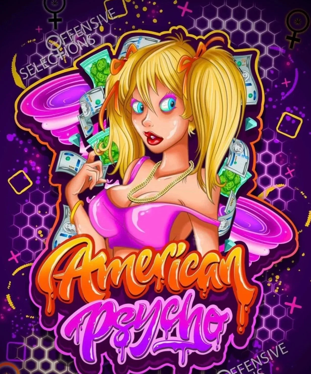 Illustration of a woman with blonde hair and colorful eyes, wearing a pink top, surrounded by dollar bills and neon background elements. Text says 'American Psycho' in bold, graffiti-style lettering.