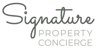 Logo for Signature Property Concierge in gray text with 'Signature' in cursive and 'Property Concierge' in uppercase standard font.