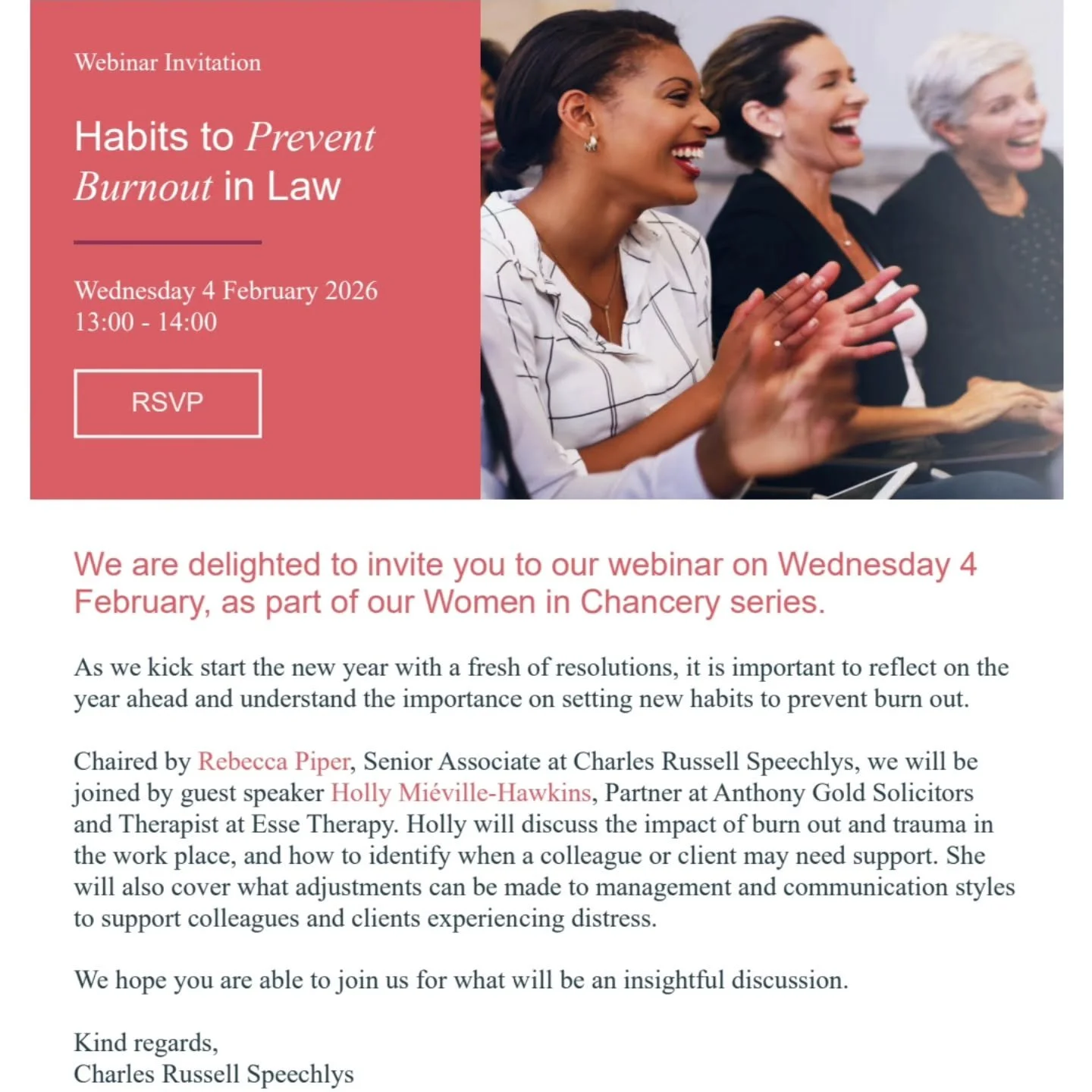 I am really excited to be presenting with my joint solicitor and therapist hats on for an event being hosted by the brilliant Rebecca Piper at Charles Russell Speechlys, on all things 'Habits to Prevent Burnout in Law'. 

The event is aimed at women 