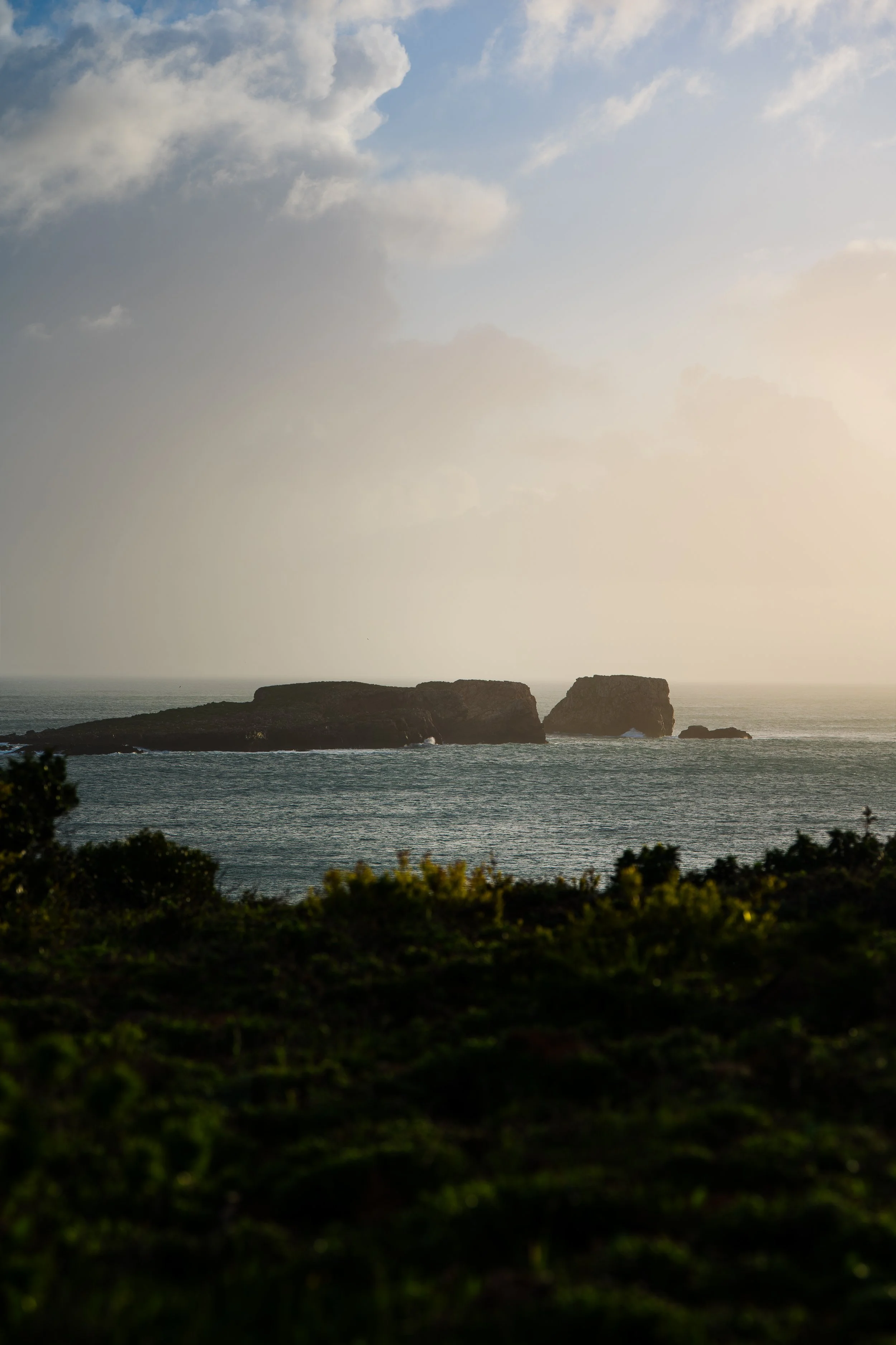 Vue de la mer avec deux grandes formations rocheuses dans l'eau, ciel partiellement nuageux, paysage naturel avec végétation au premier plan.