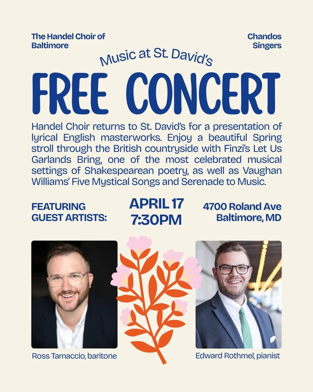 Please join us next Friday, April 17th at 7:30pm for Spring, Shakespeare, and Serenade to Music! We are excited for the second of our performances as Ensemble In Residence at Music at St. David's, in collaboration with Guest Artists Ross Tamaccio and
