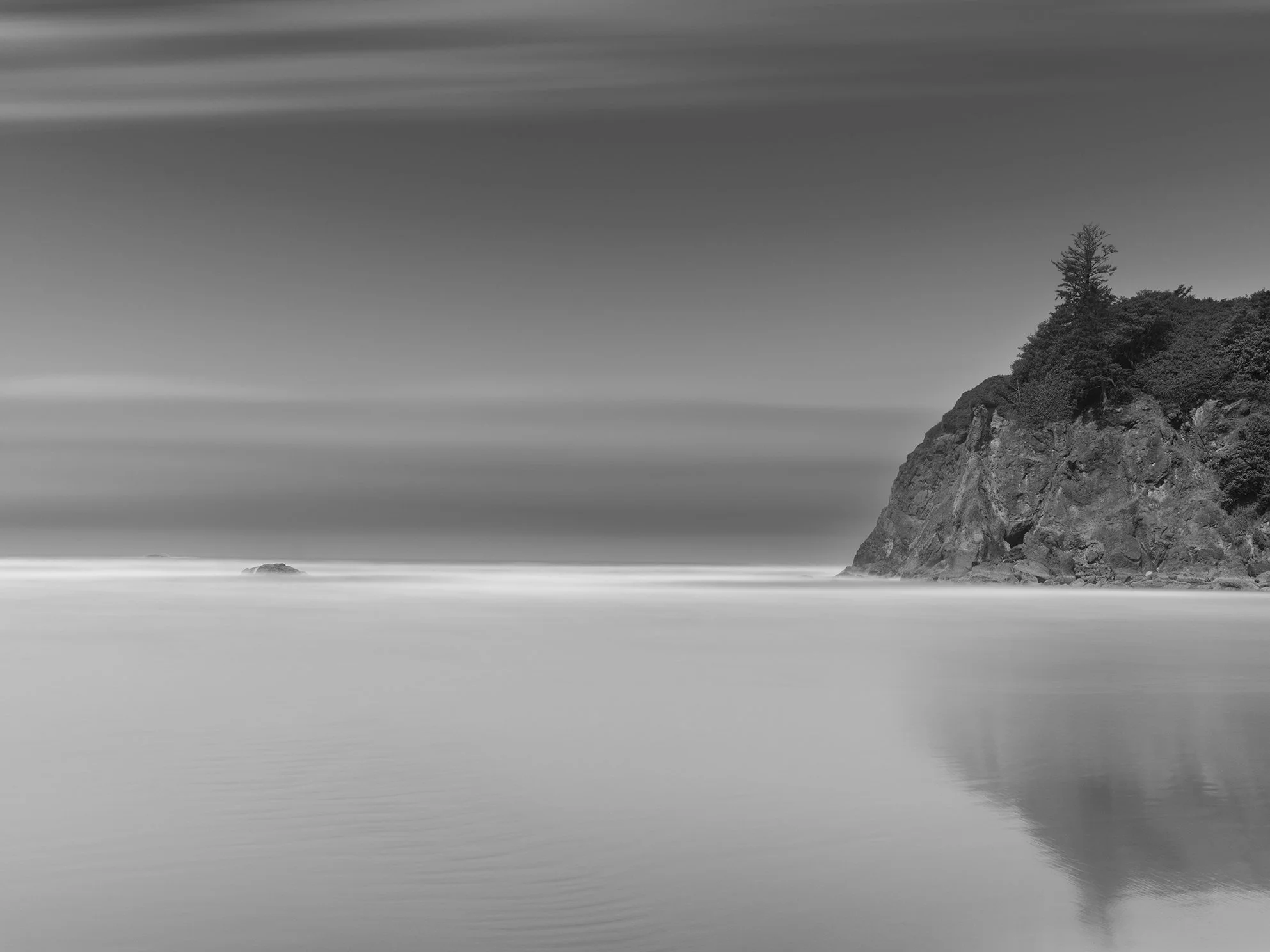 Black and white photo of a rocky coastline with a cliff on the right side, trees on top, and the ocean with small waves underneath.