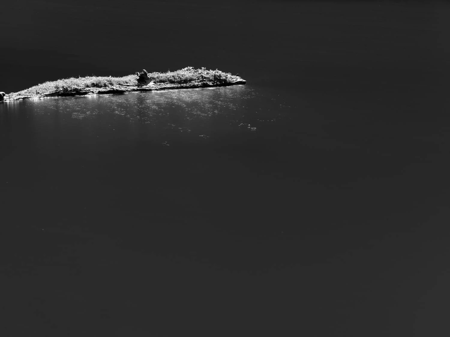 A black and white photograph of a small, rocky island or landmass surrounded by water, with reflections on the water's surface.