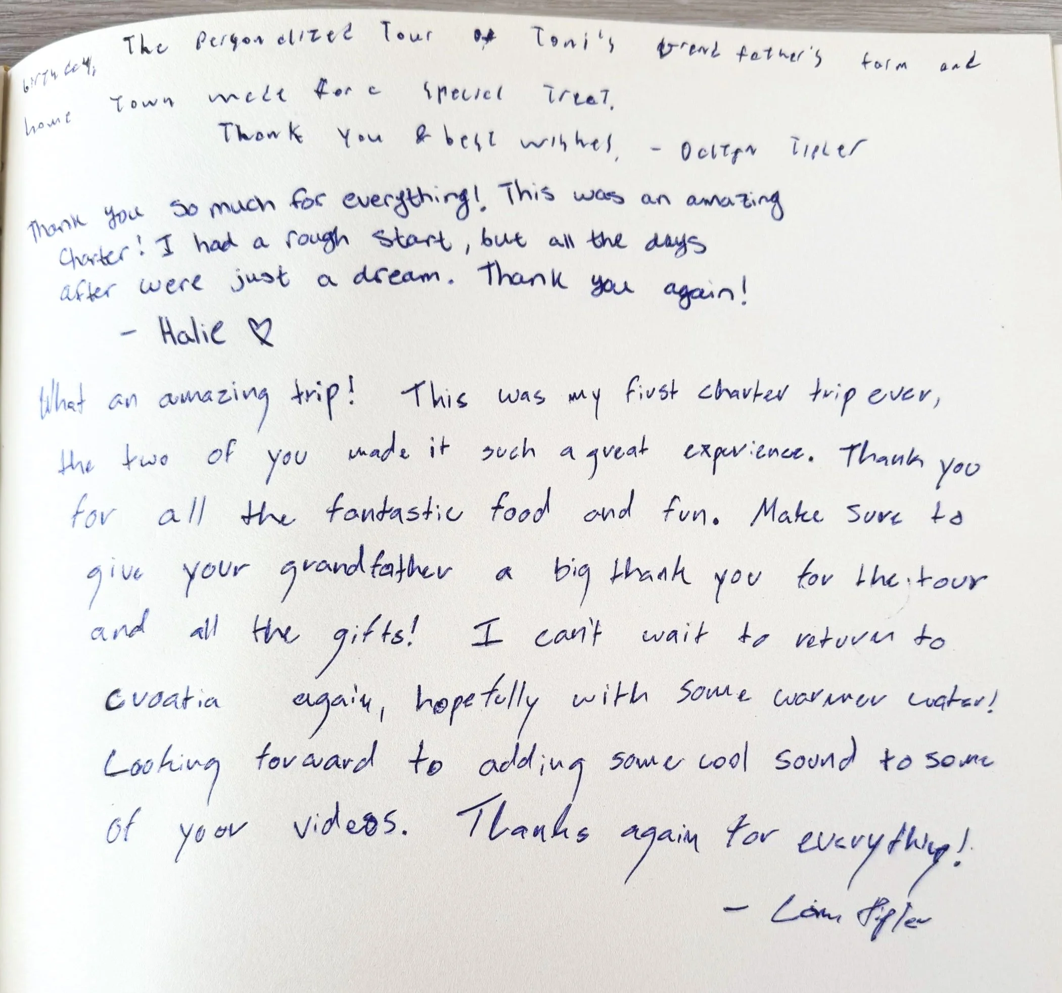 Handwritten thank you note expressing gratitude for a trip and giving gifts, signed by Liam Giffler.
