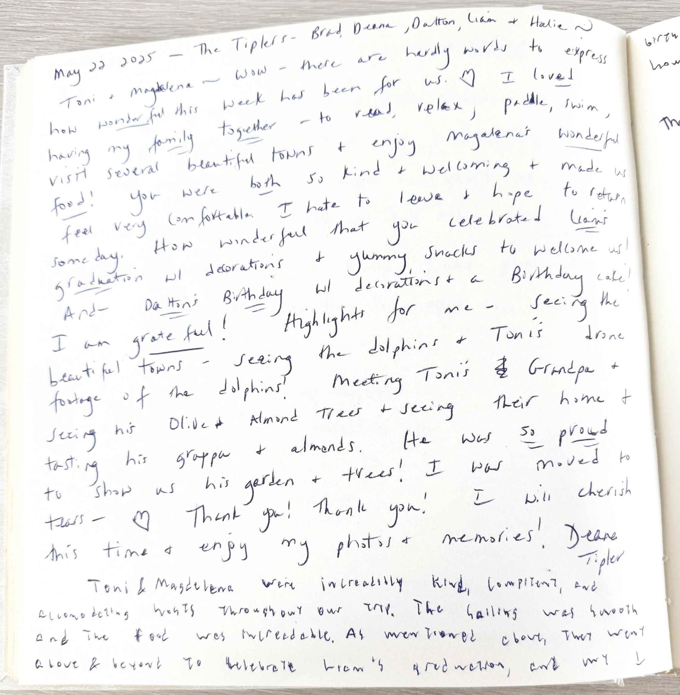 Handwritten journal entry describing a trip to Magalena and Toni's drone footage of dolphins and towns, with details about the family, decorations, and a birthday celebration.