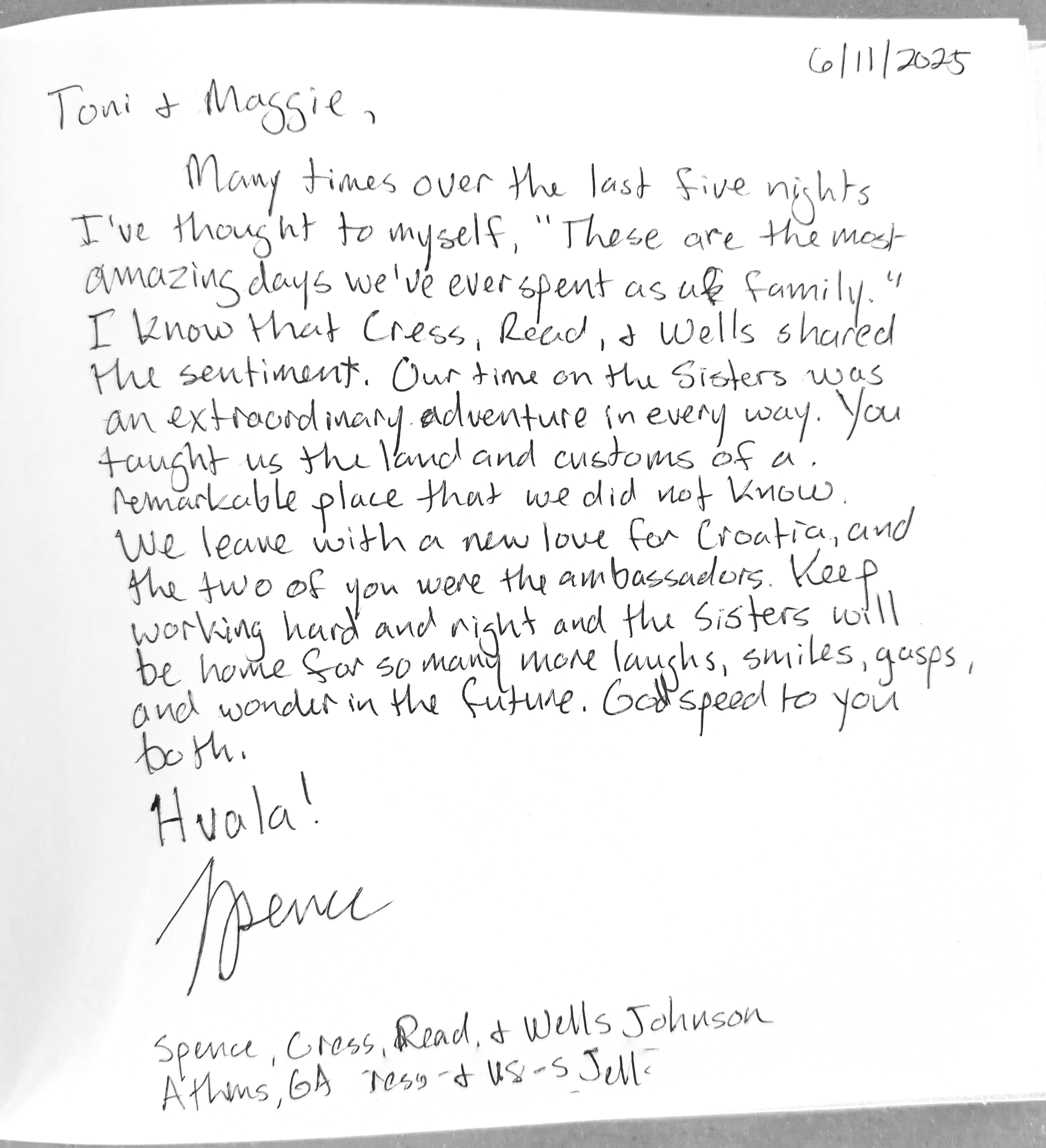 A handwritten letter dated June 11, 2025, addressed to Toni and Maggie, expressing gratitude for shared memories and experiences in Croatia, and wishing them well. The letter is signed by someone named Peace and includes a note with their location de