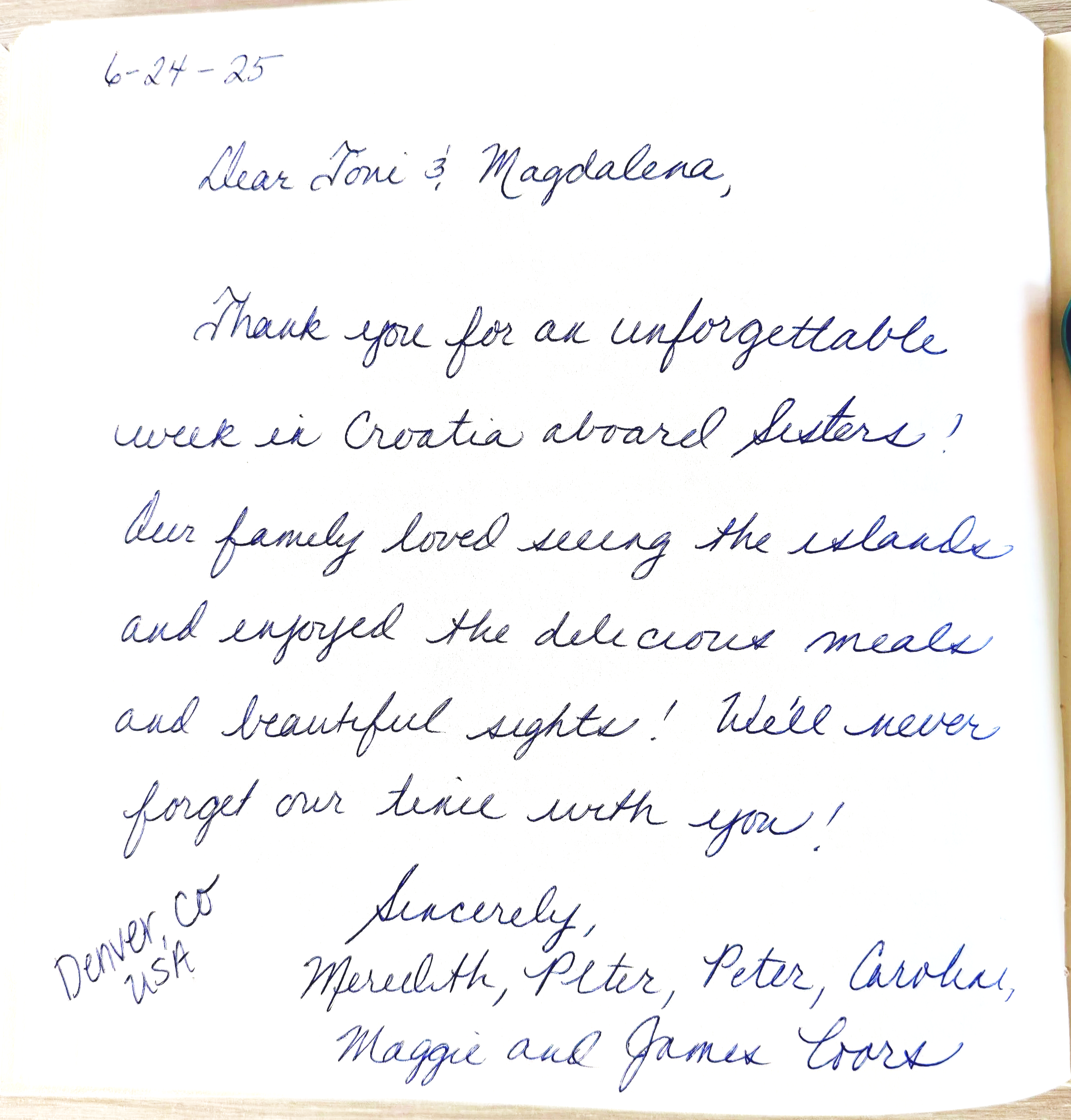 A handwritten thank you note dated 6-24-25, addressed to Toni and Magdalena, expressing gratitude for a trip to Croatia. The note is signed by Meredith, Peter, Peter, Caroline, Maggie, and James Coors, with a small handwritten note 'Denver, CO, USA' 